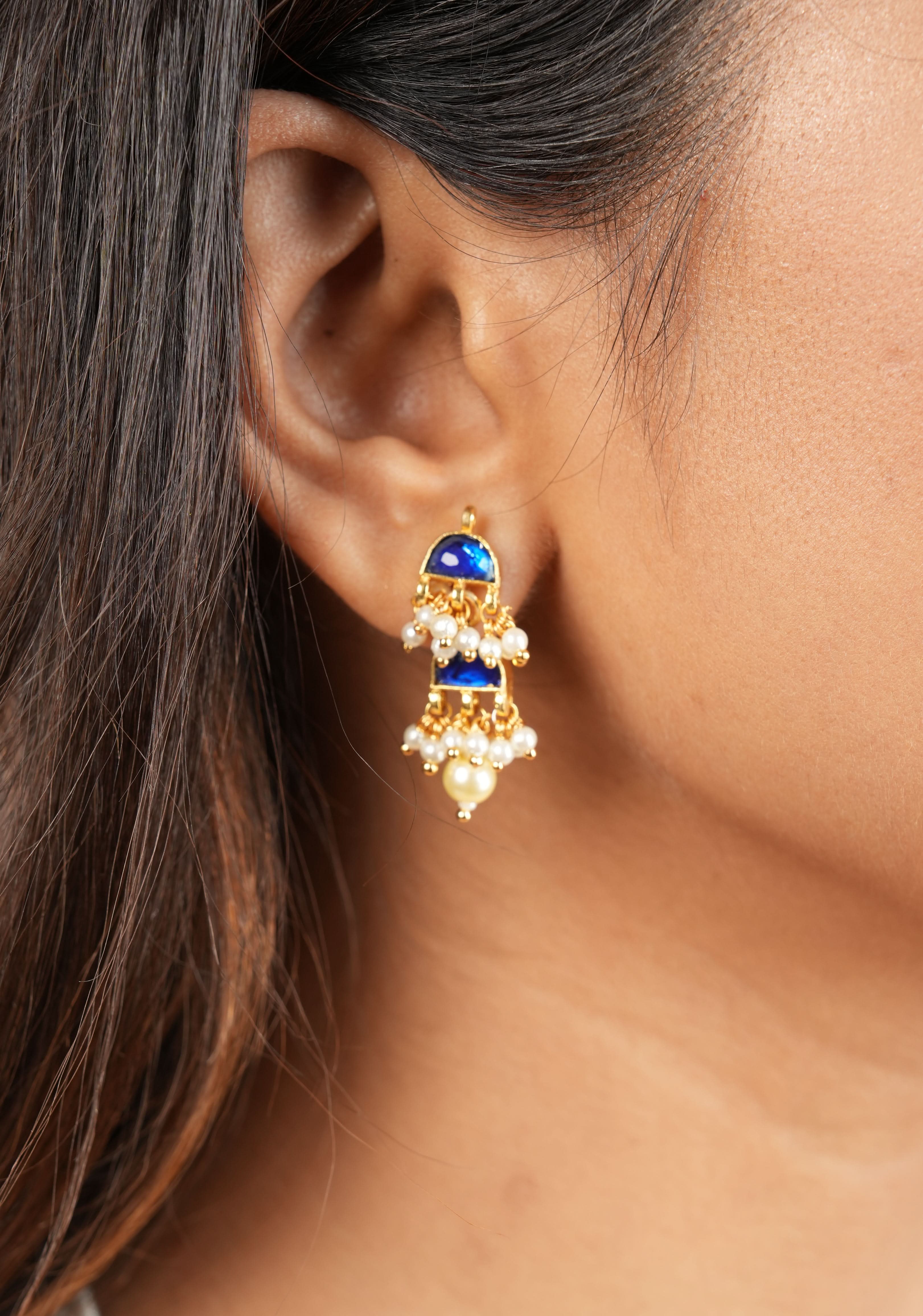 Lightweight Jadau Necklace Set with eleven dangling royal blue stones and matching earrings | Shobitam Jewelry
