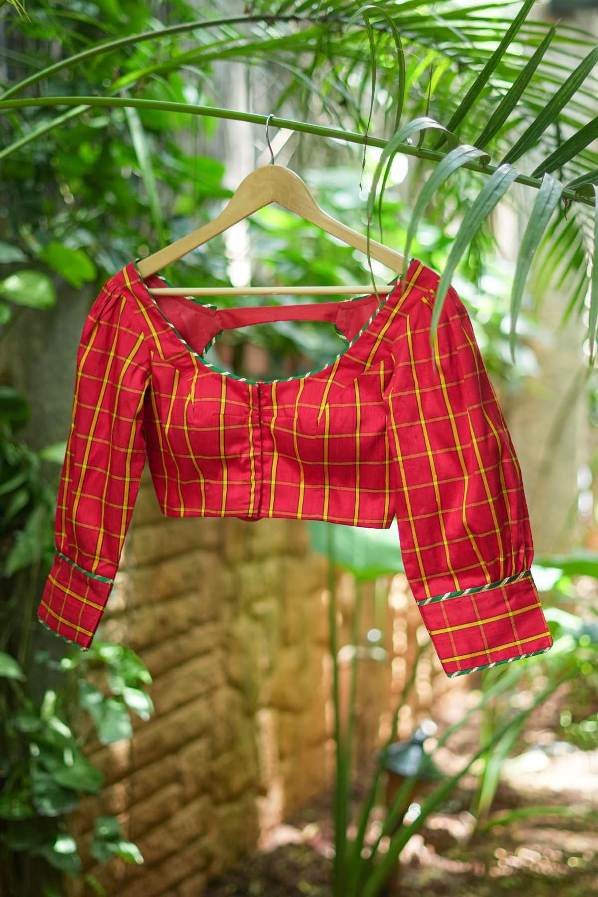 Red checked pure rawsilk u neck blouse with puff sleeves | Shobitam