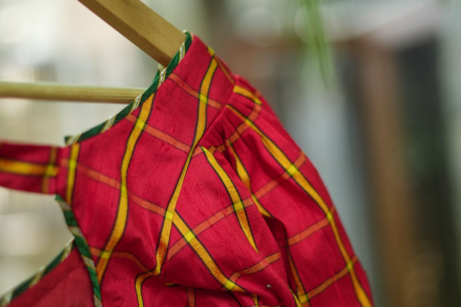 Red checked pure rawsilk u neck blouse with puff sleeves | Shobitam