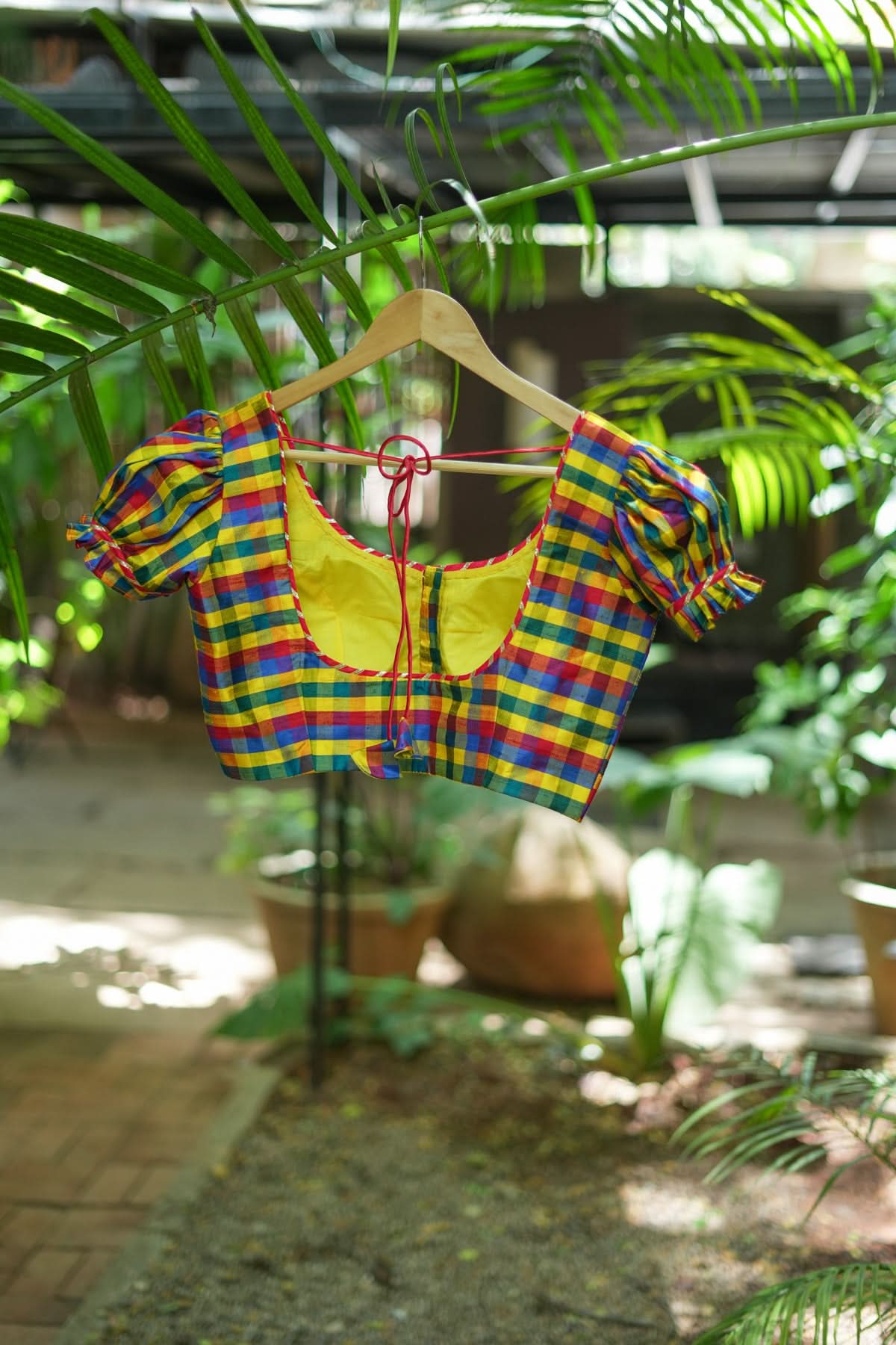 Multicolor small checked pure rawsilk u neck blouse with puff sleeves | Shobitam