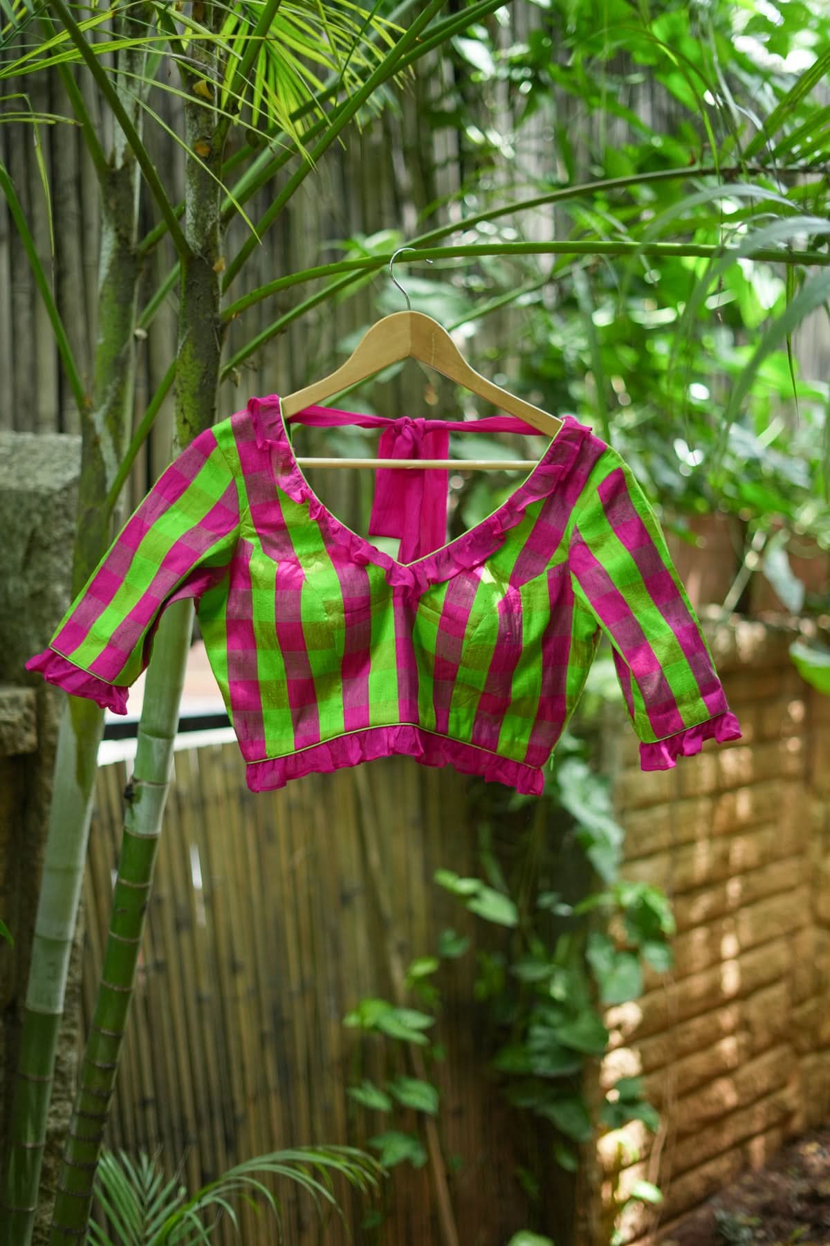 Green pink checked pure raw silk V neck blouse with chiffon frills | Shobitam