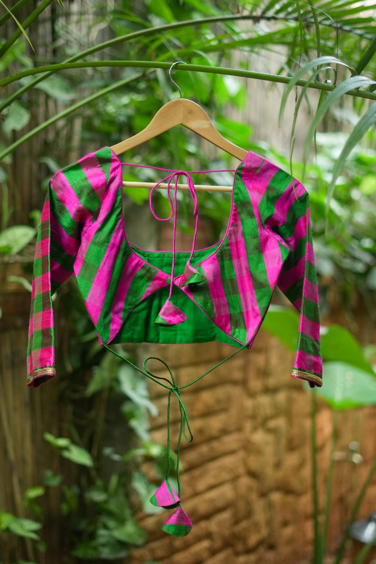 Emerald pink checked pure raw silk U neck blouse | Shobitam