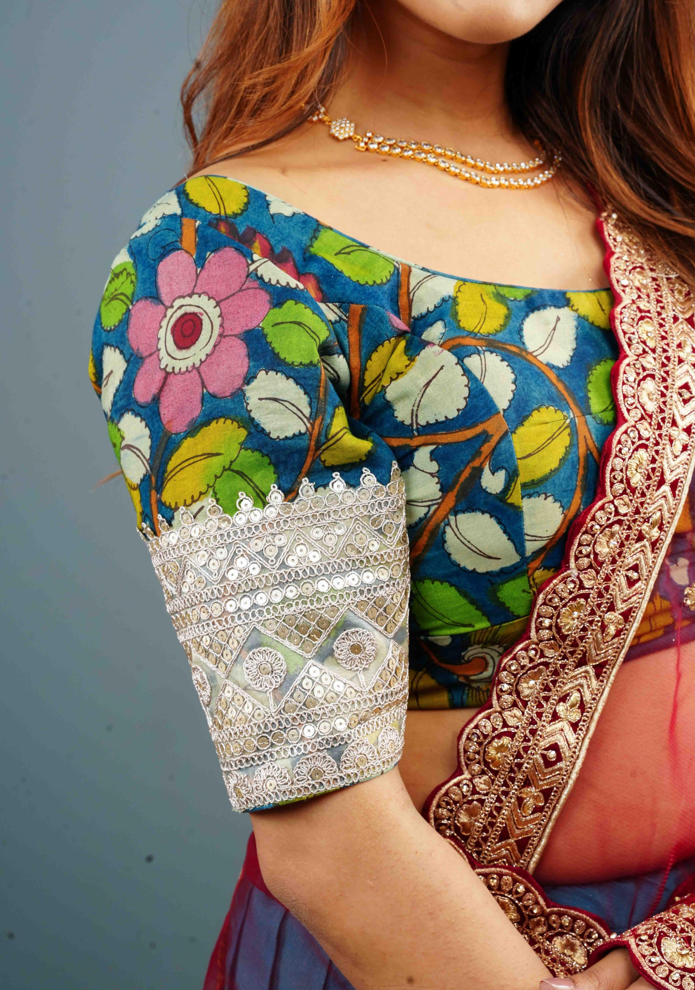 Blue Authentic Pen Kalamkari Scoop Neck Blouse with wide Lace Border on sleeves, Customizable, Made to Order | Shobitam