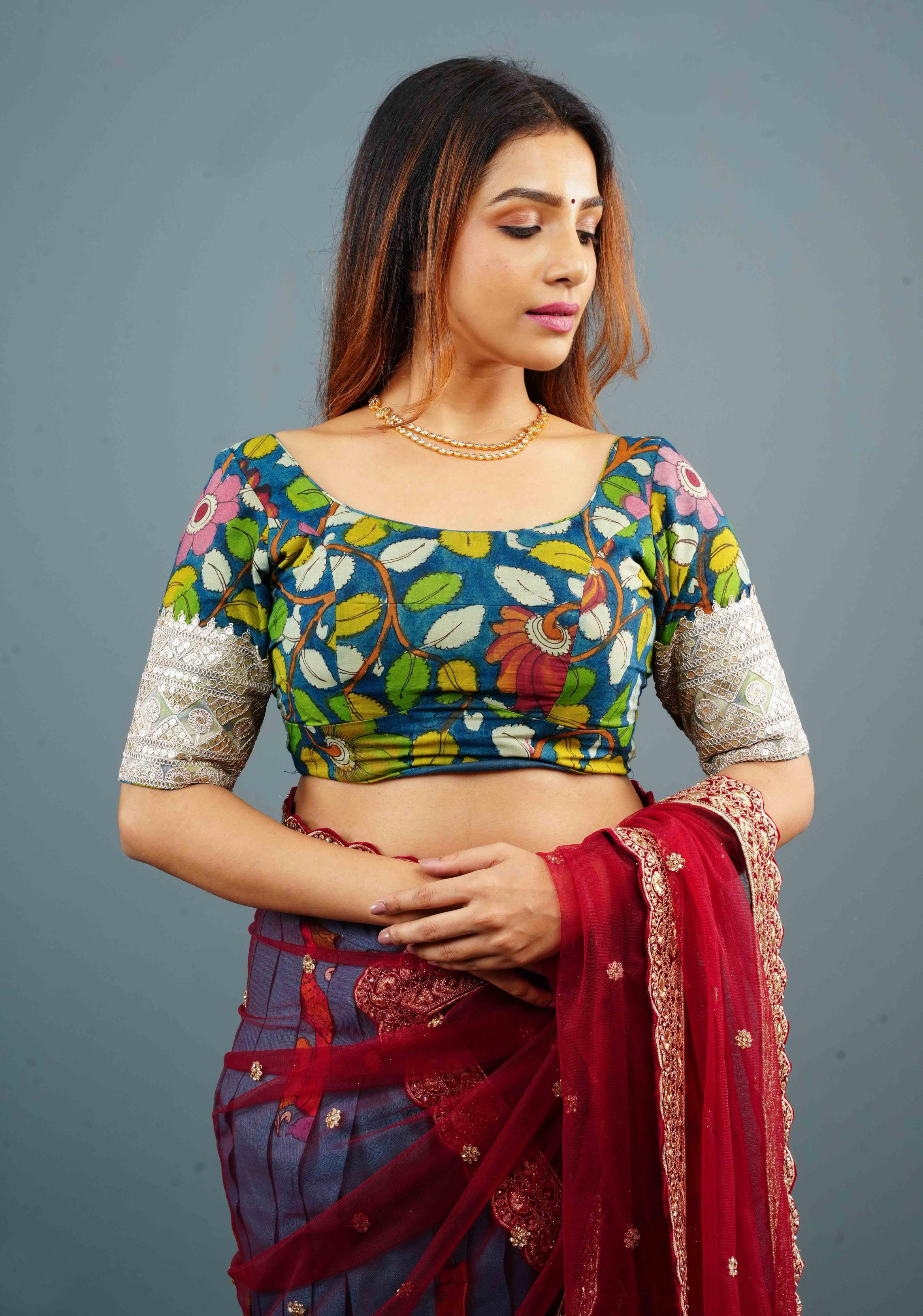 Blue Authentic Pen Kalamkari Scoop Neck Blouse with wide Lace Border on sleeves, Customizable, Made to Order | Shobitam