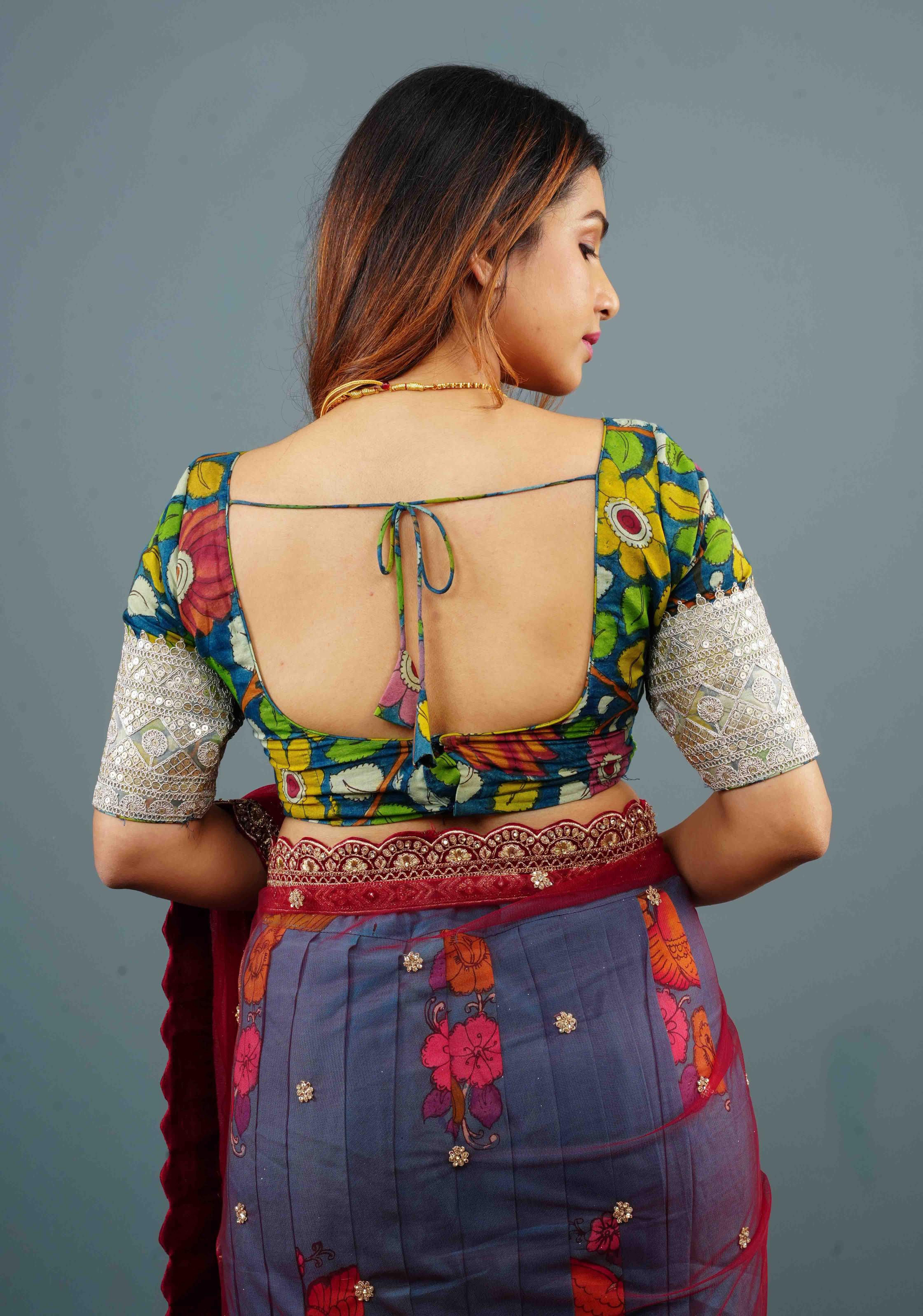 Blue Authentic Pen Kalamkari Scoop Neck Blouse with wide Lace Border on sleeves, Customizable, Made to Order | Shobitam