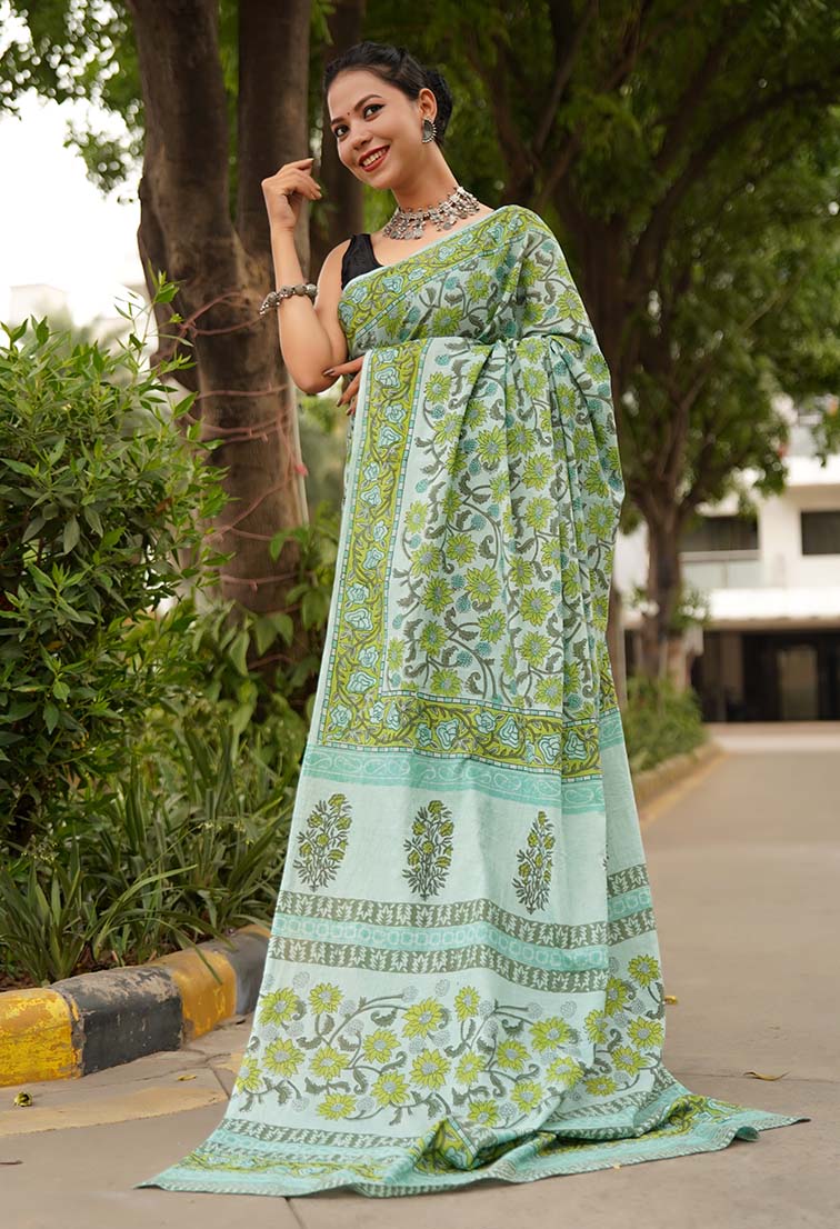 Prepleated saree olive intricate Jaipuri Sanganeri mulmul one minute saree