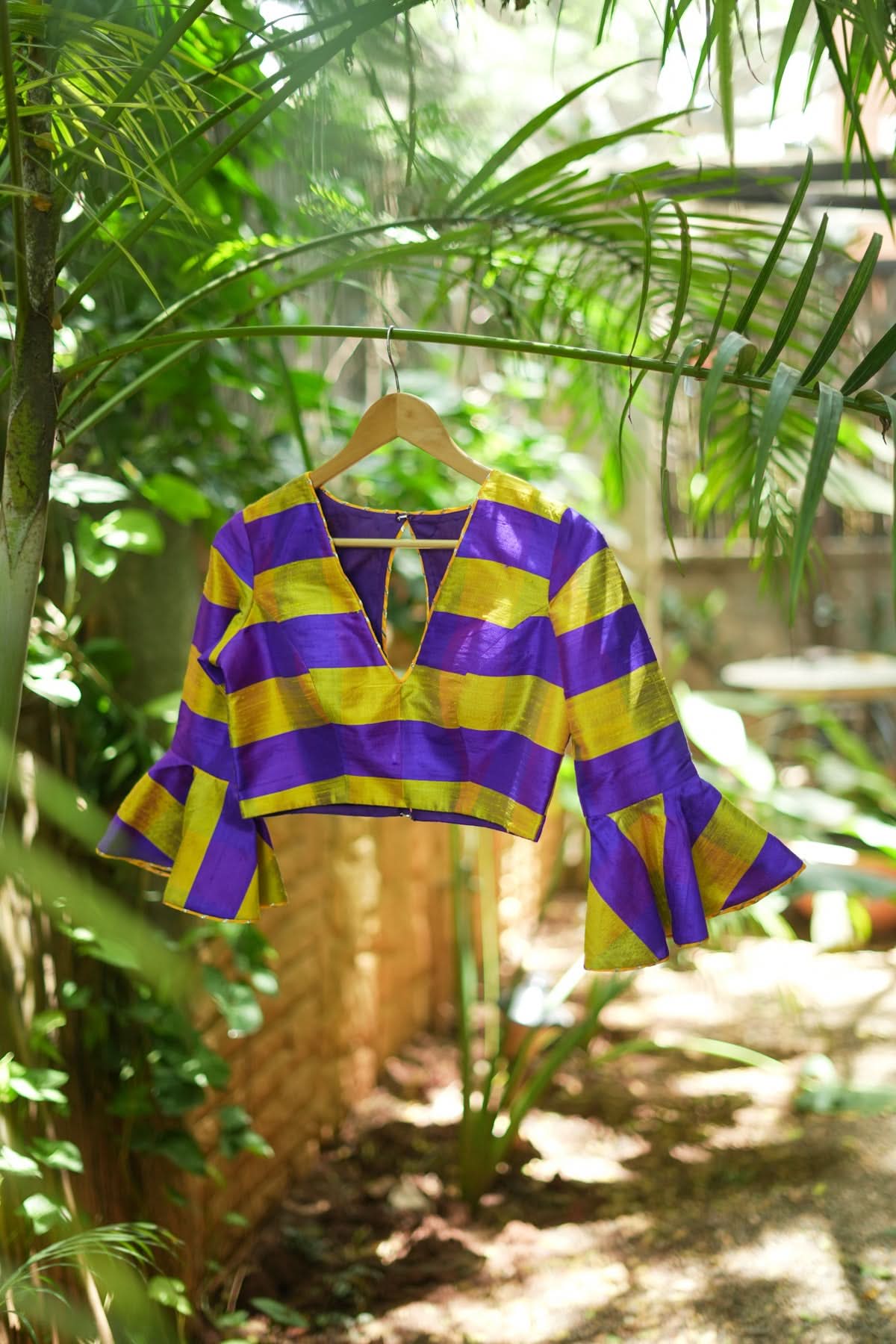 Yellow purple bold stripes design pure raw silk V neck blouse with bell sleeves | Shobitam