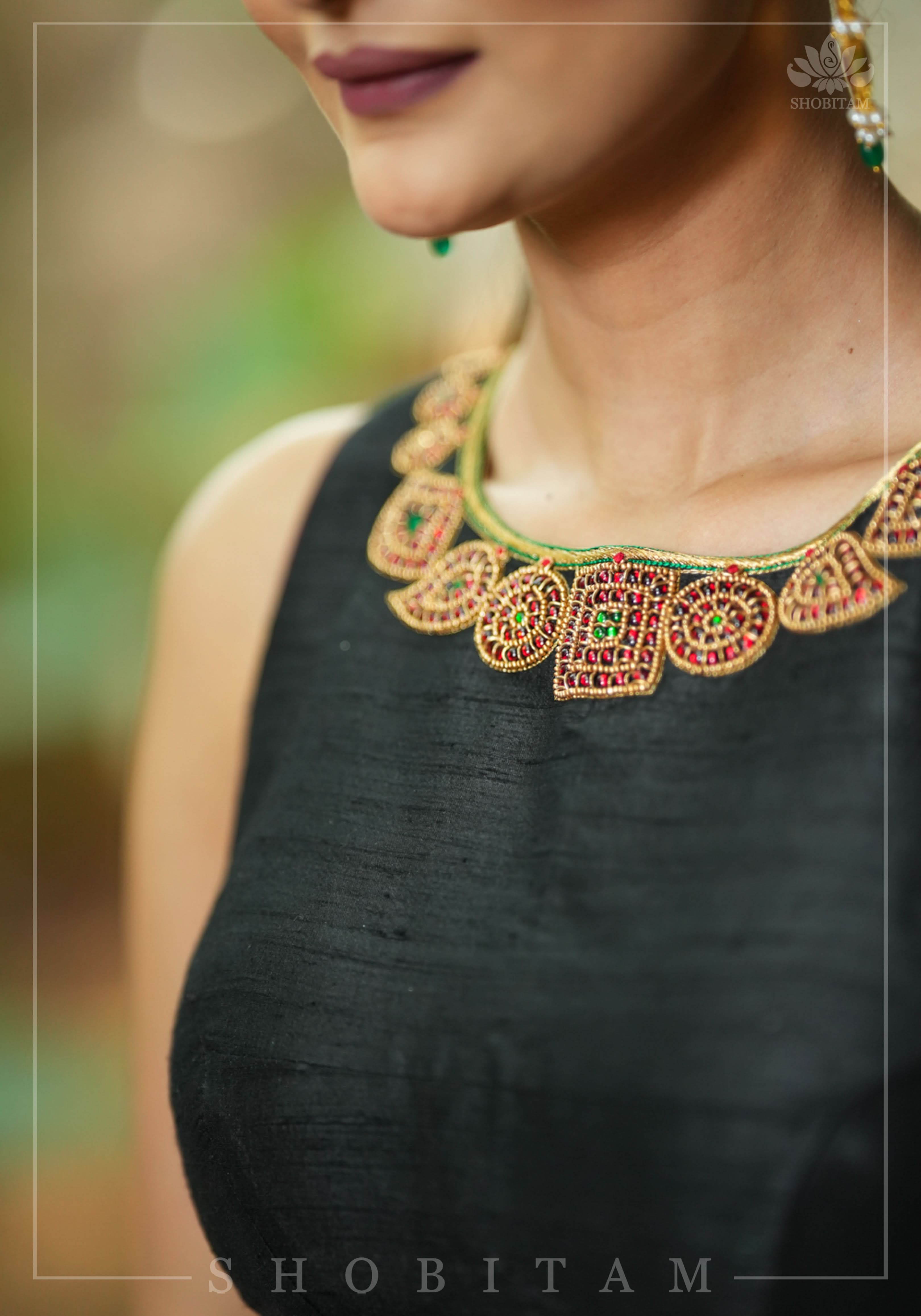 Necklace Design Jadau Ornamental Blouse in Pure Raw Silk | Shobitam