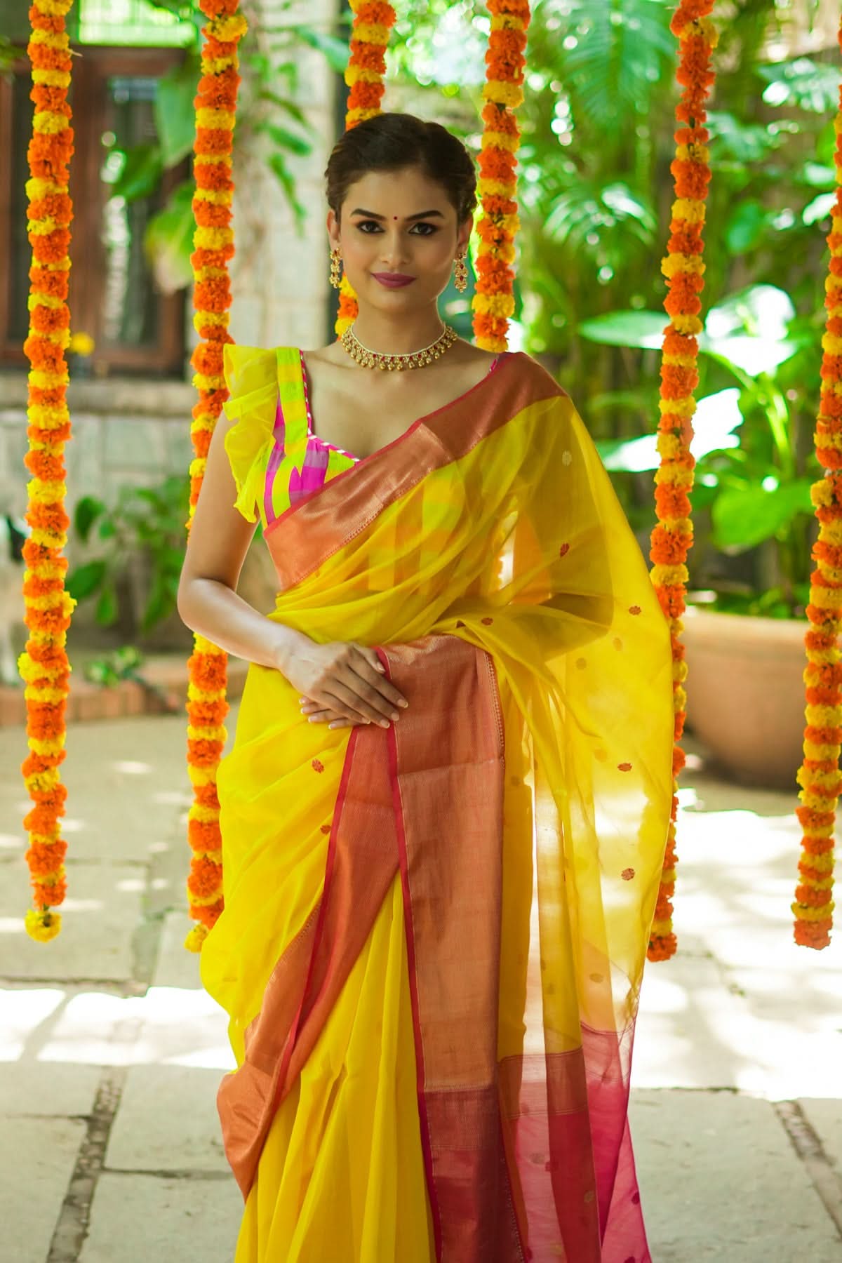 Handwoven Maheshwari Silk Cotton Saree in Yellow and Pink with zari borders | Shobitam