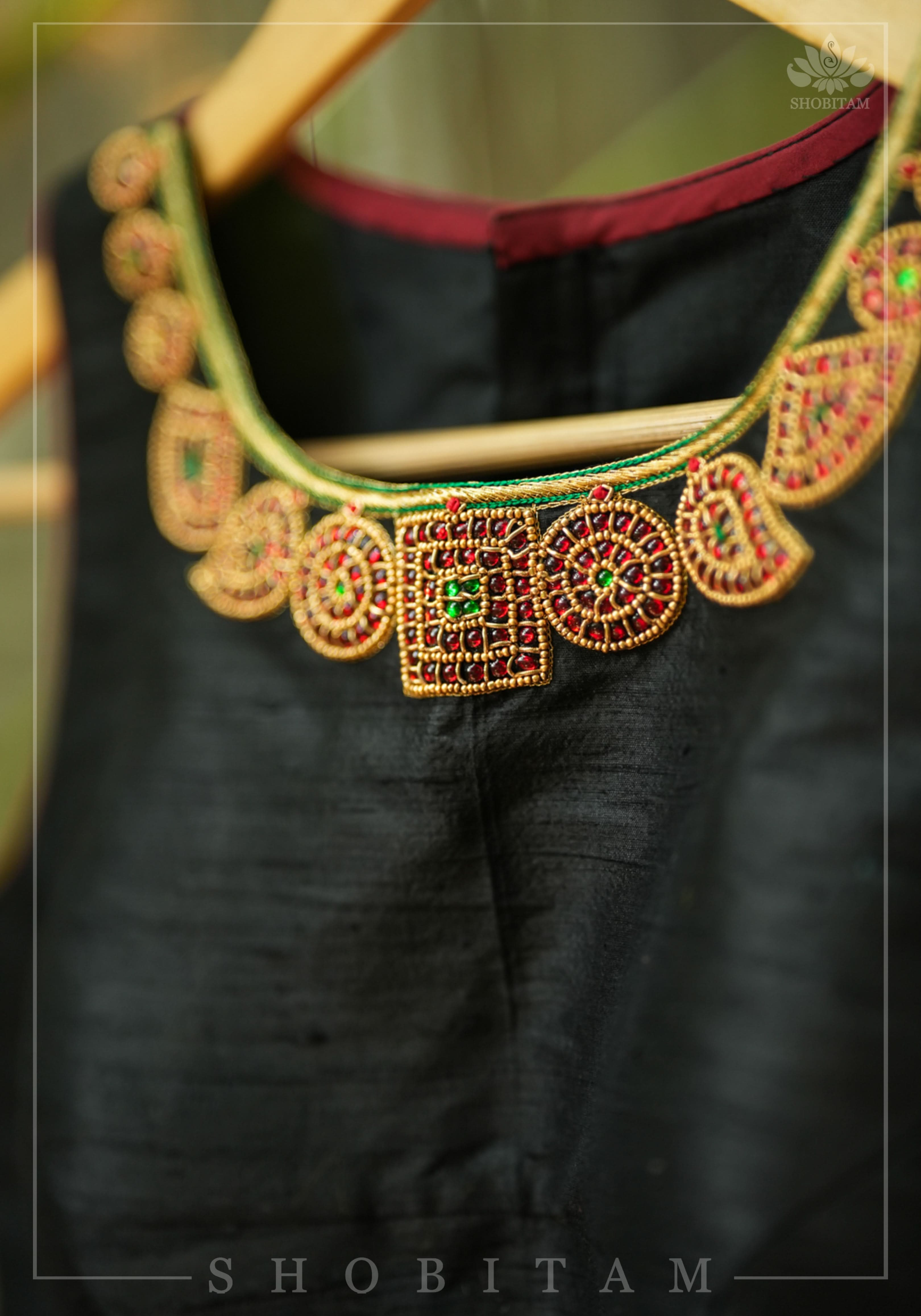 Necklace Design Jadau Ornamental Blouse in Pure Raw Silk | Shobitam