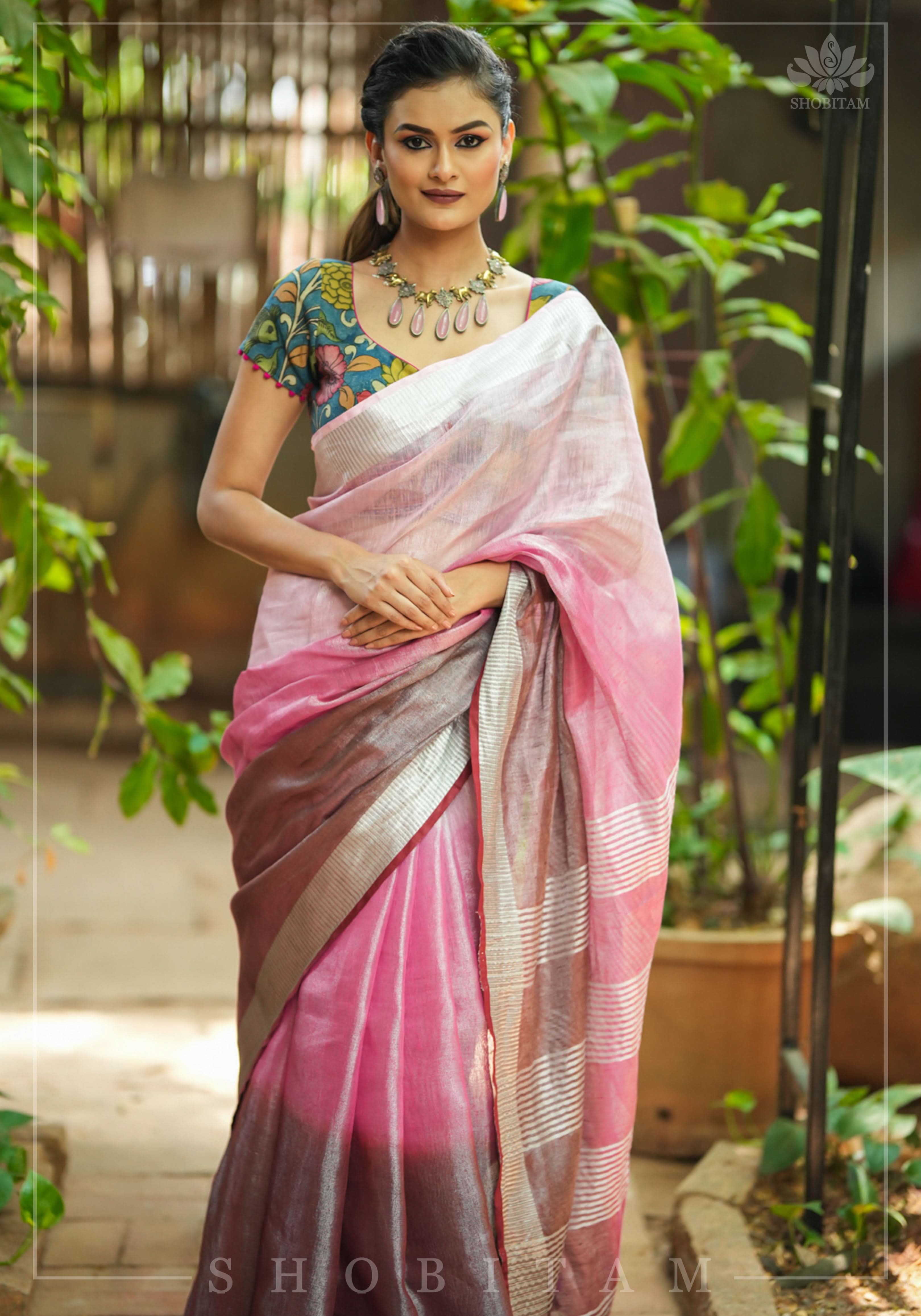 Blush pink burgundy Ombre Silver Tissue Linen Saree with Silver Ribbed Borders | Shobitam
