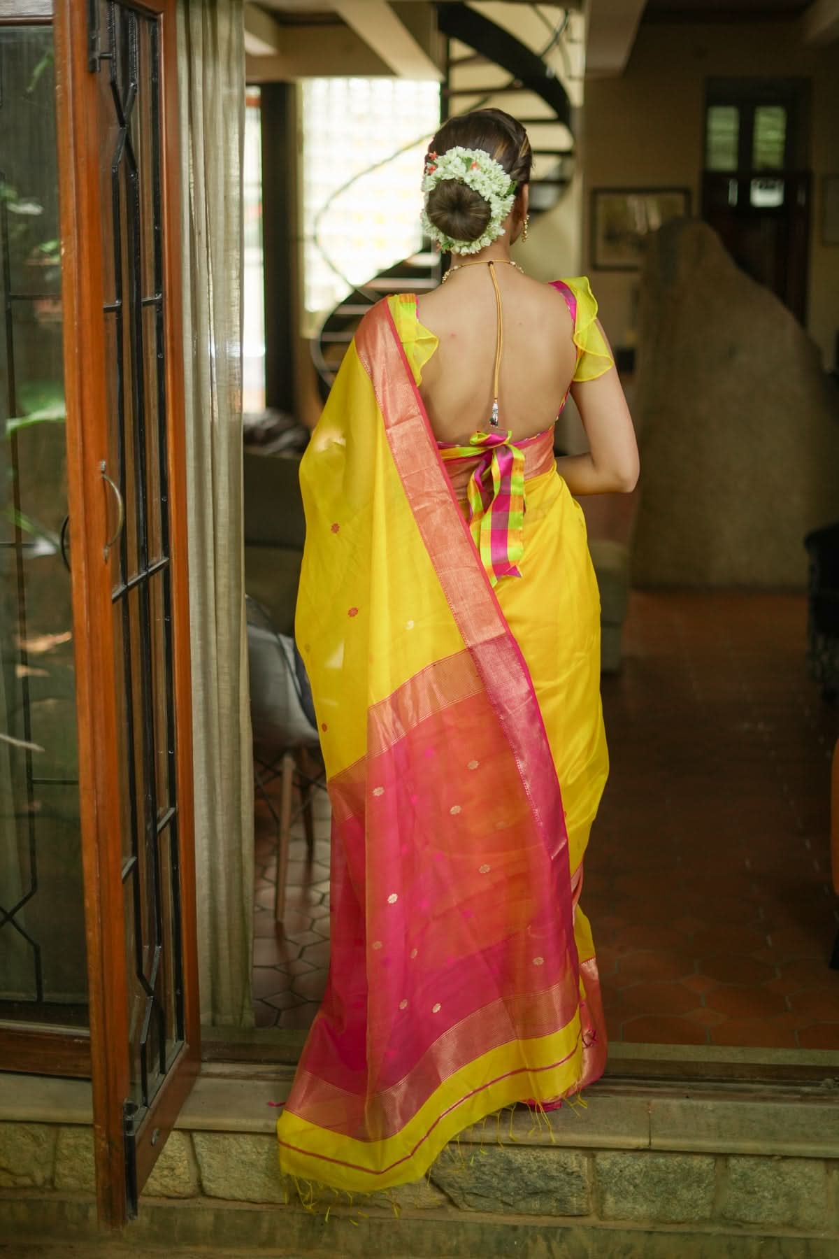 Handwoven Maheshwari Silk Cotton Saree in Yellow and Pink with zari borders | Shobitam