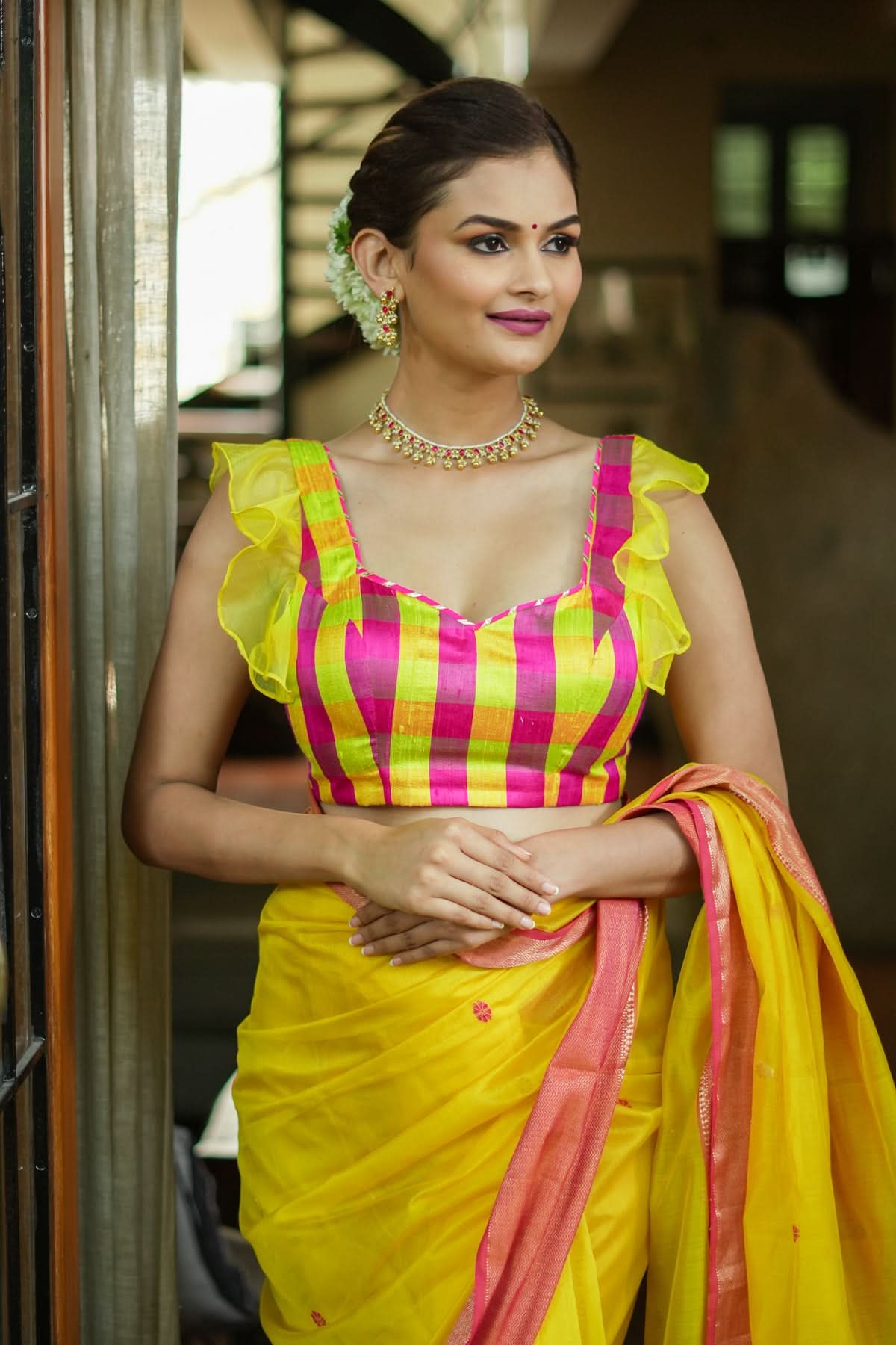 Sunshine Yellow Pink Checked Pure Raw Silk Sweetheart neck blouse | Shobitam