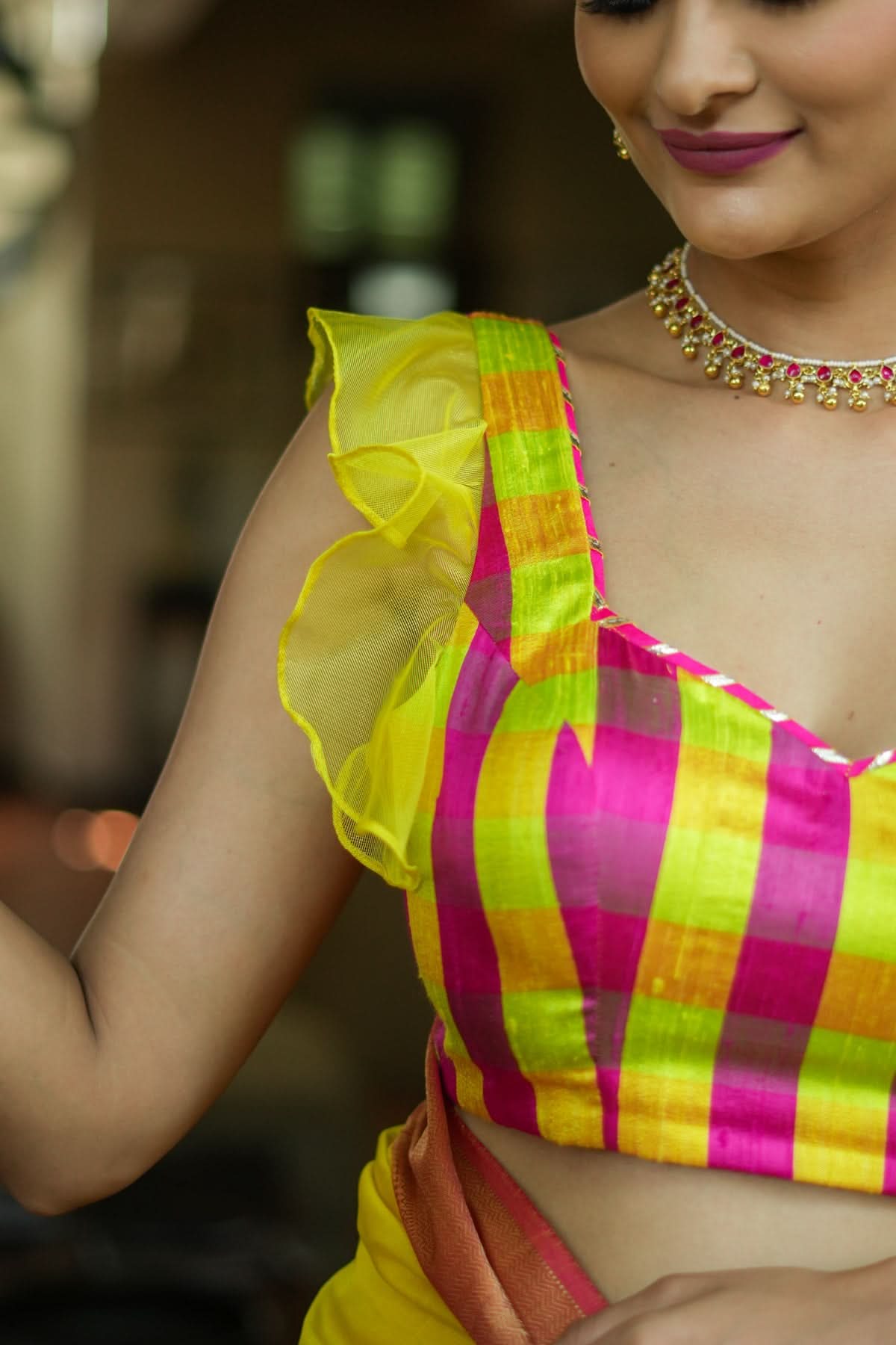 Sunshine Yellow Pink Checked Pure Raw Silk Sweetheart neck blouse | Shobitam