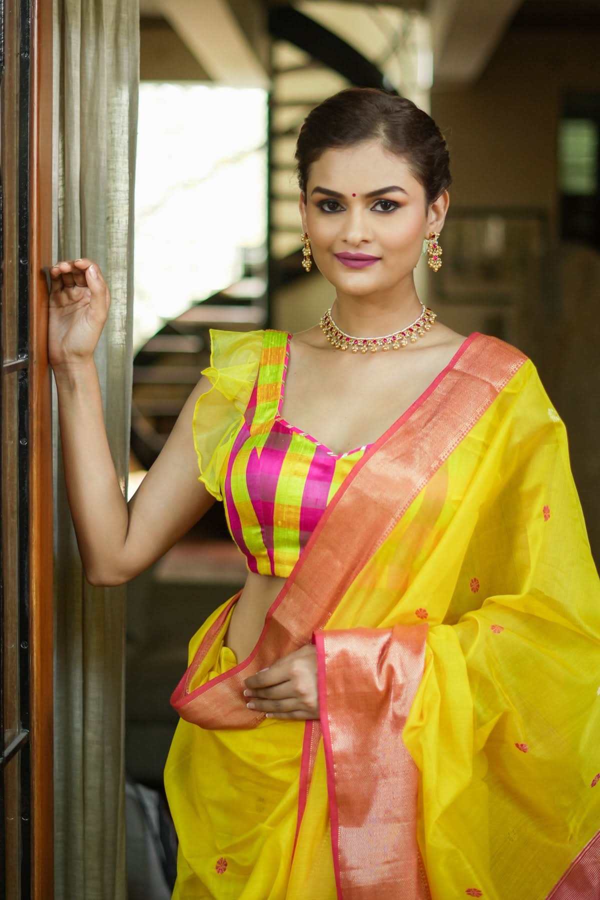 Sunshine Yellow Pink Checked Pure Raw Silk Sweetheart neck blouse | Shobitam