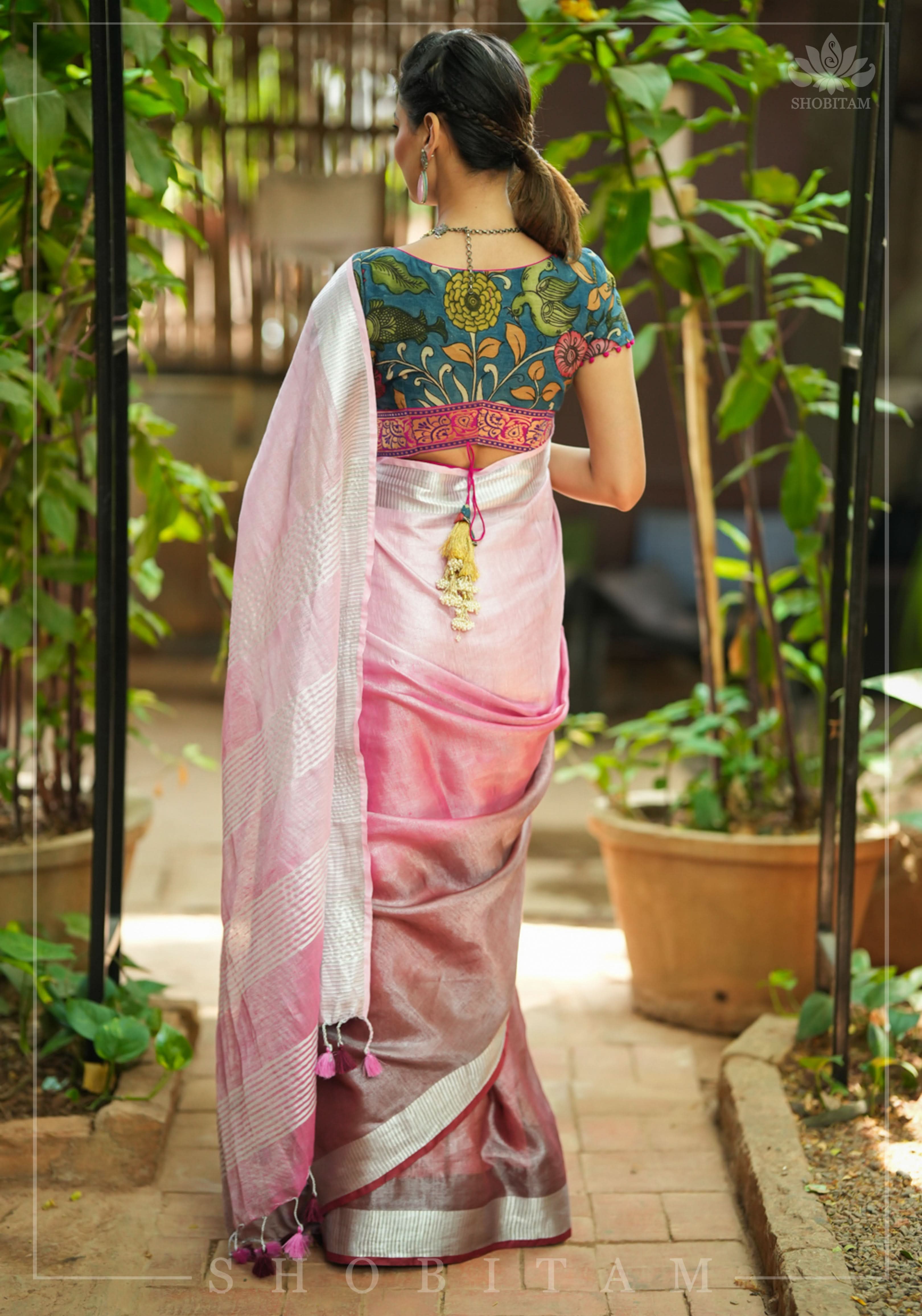Blush pink burgundy Ombre Silver Tissue Linen Saree with Silver Ribbed Borders | Shobitam