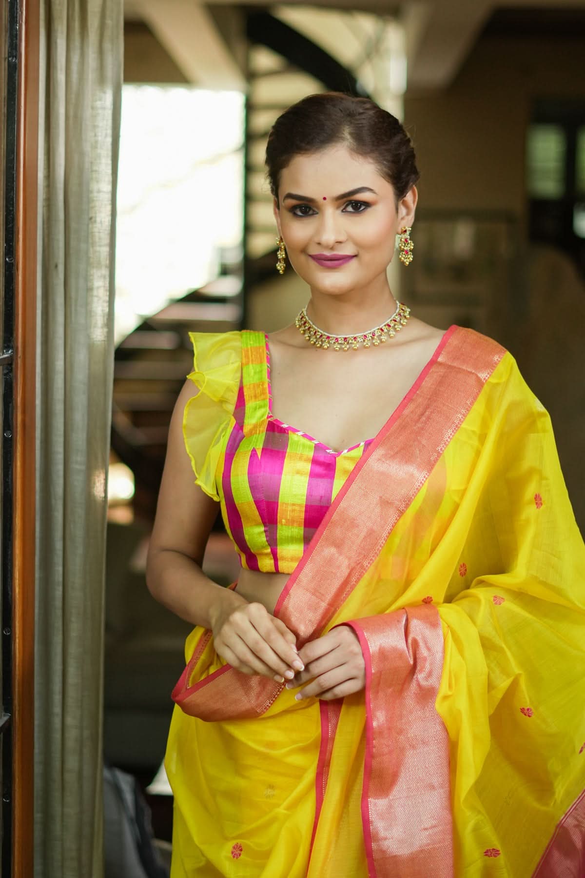 Sunshine Yellow Pink Checked Pure Raw Silk Sweetheart neck blouse | Shobitam