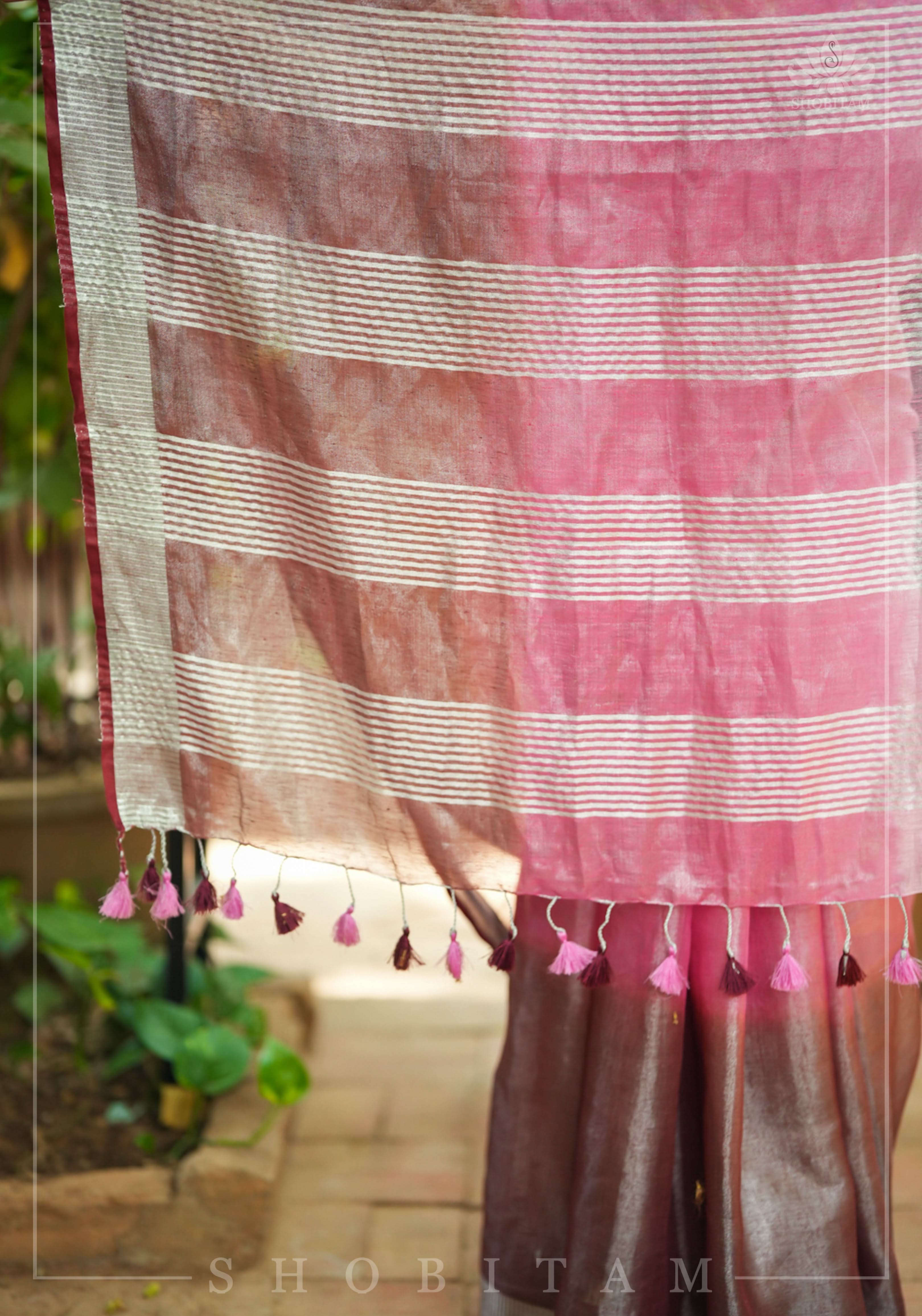 Blush pink burgundy Ombre Silver Tissue Linen Saree with Silver Ribbed Borders | Shobitam