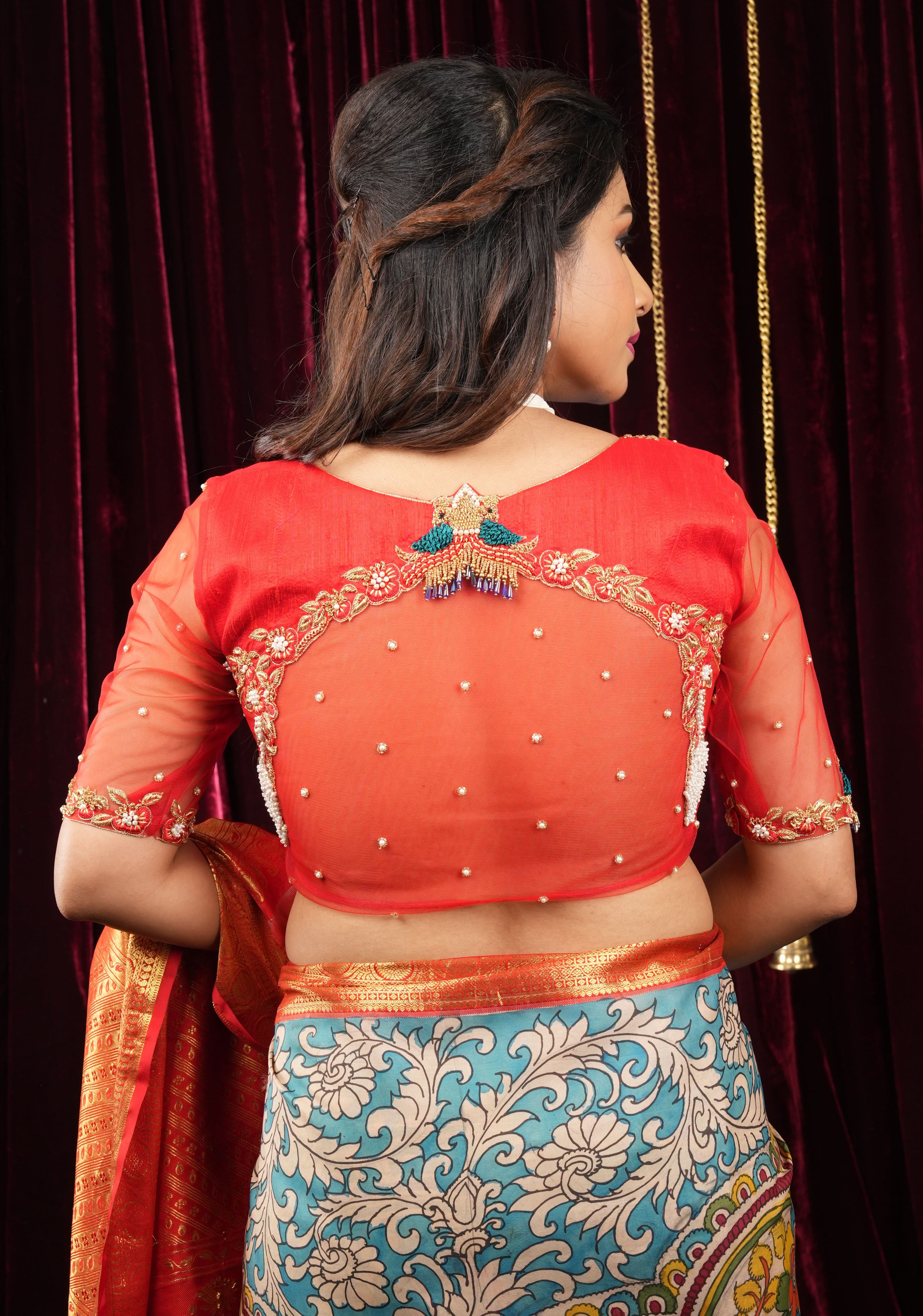 Red Pure Raw silk with Zardosi handwork Peacock design on Net Back and Sleeves | Shobitam