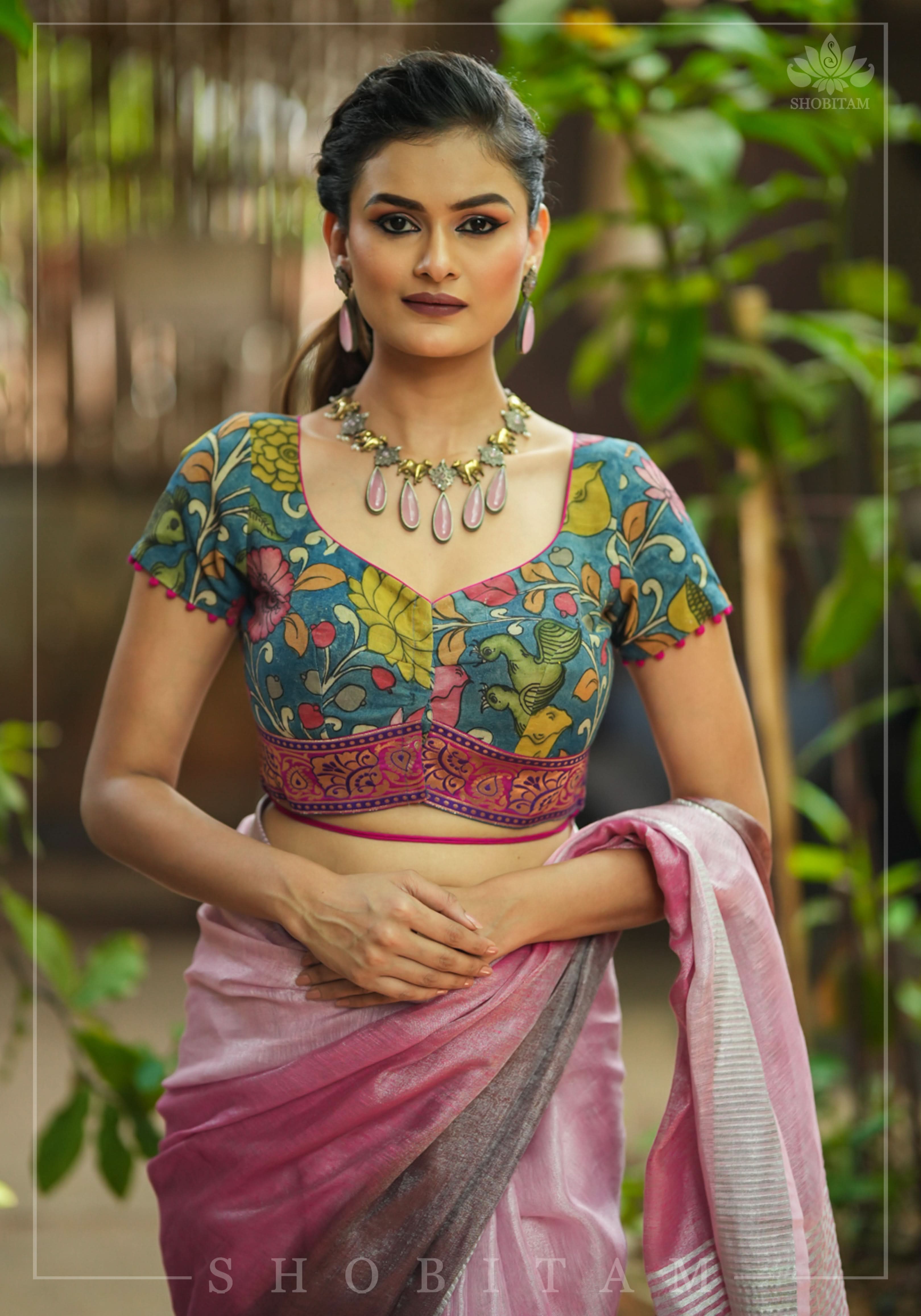 Authentic Pen Kalamkari Blouse in Livid Blue with Pond Theme painting, Banarasi Border and waist tie back! | Shobitam
