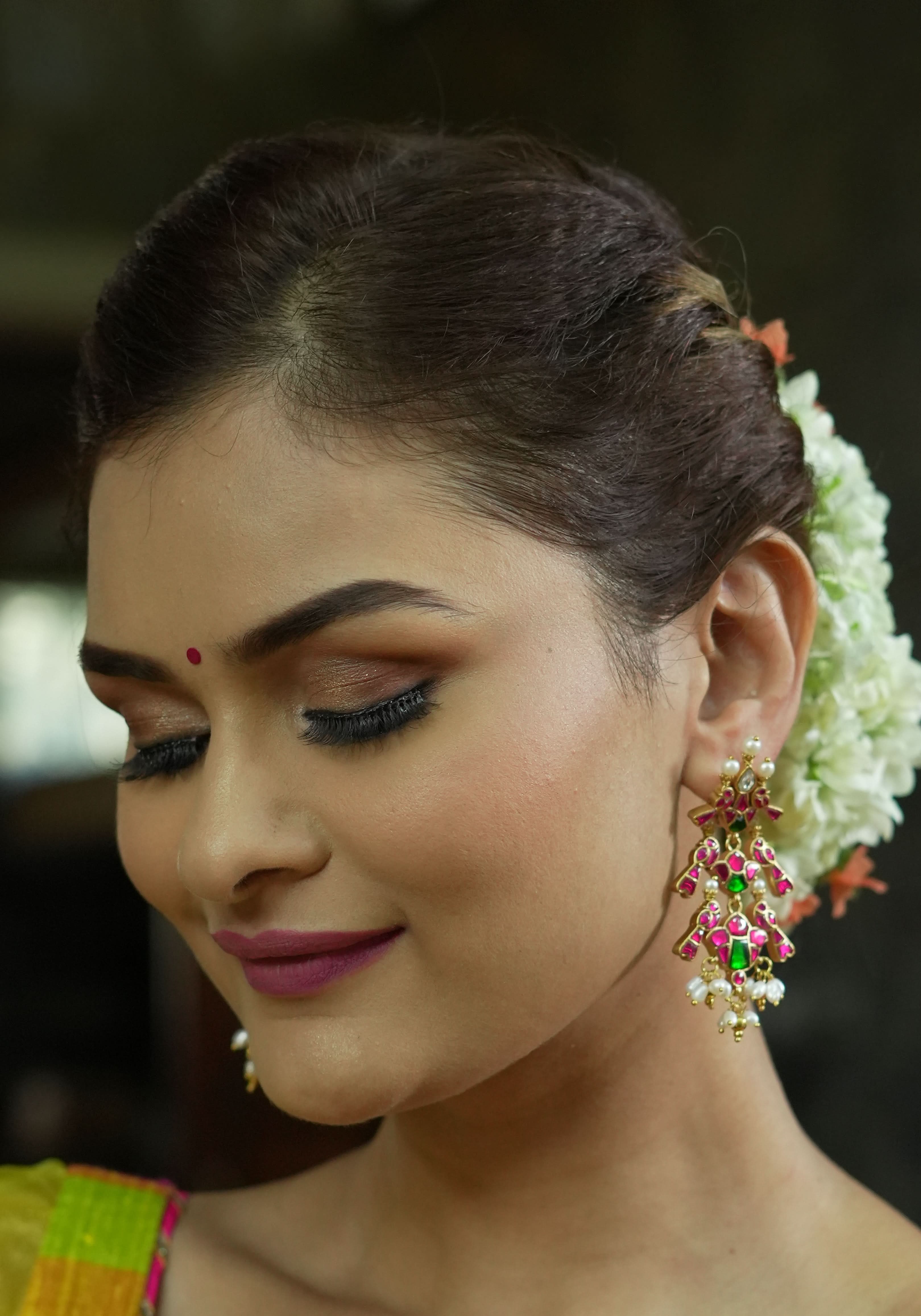 Handcrafted Jadau Statement Twin Bird Design Earrings with Pink and White Stones | Shobitam Jewelry
