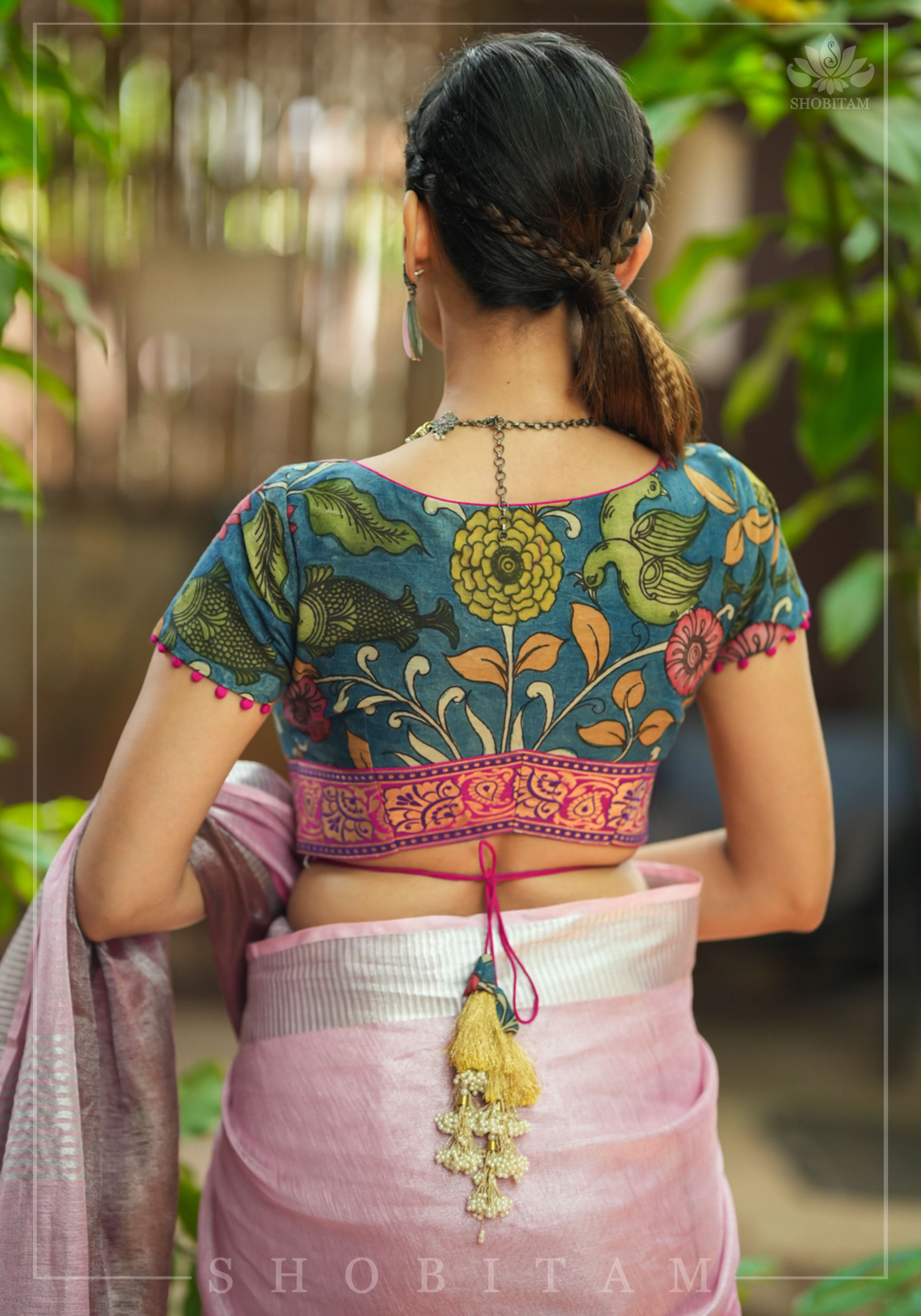 Authentic Pen Kalamkari Blouse in Livid Blue with Pond Theme painting, Banarasi Border and waist tie back! | Shobitam