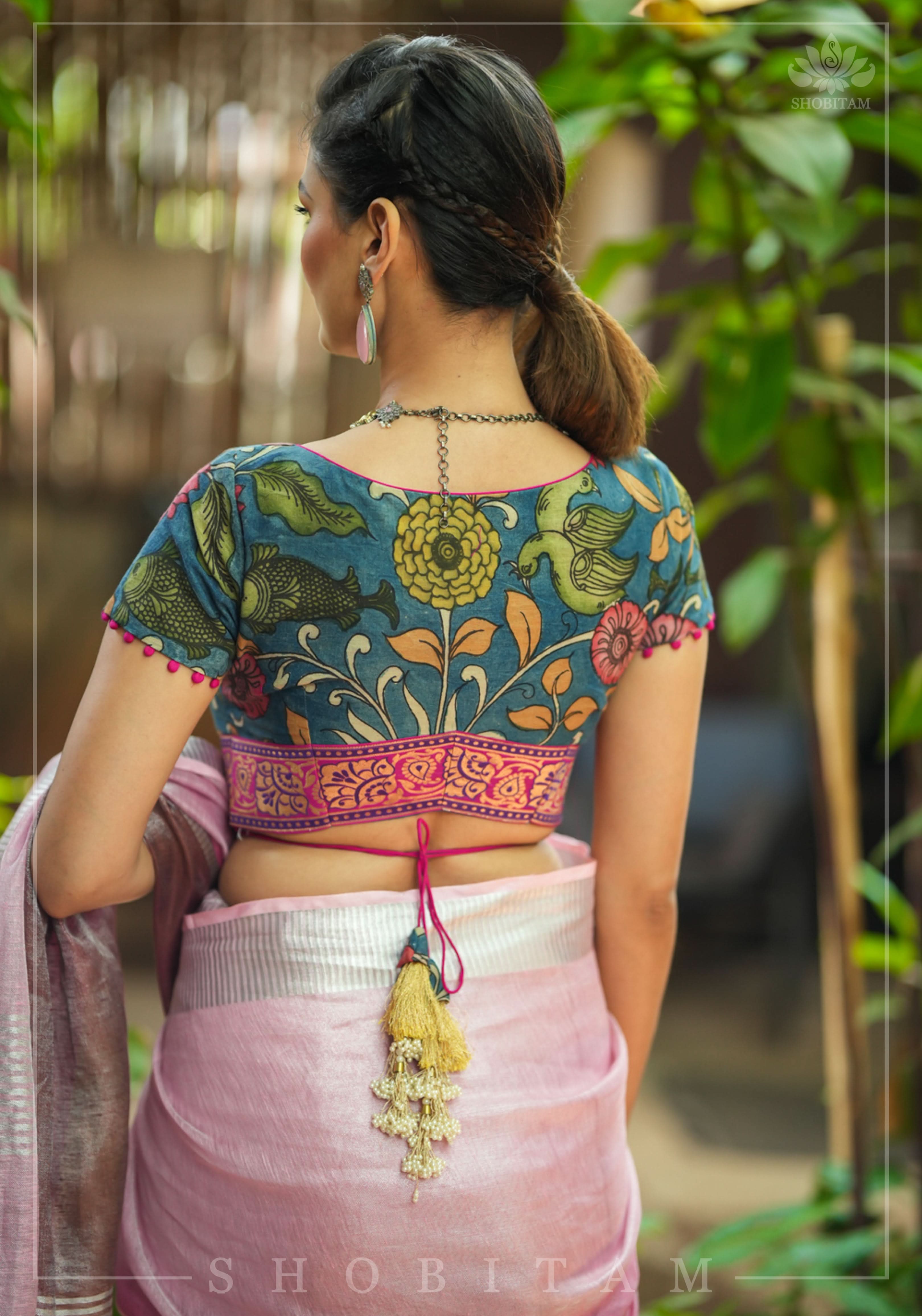 Authentic Pen Kalamkari Blouse in Livid Blue with Pond Theme painting, Banarasi Border and waist tie back! | Shobitam