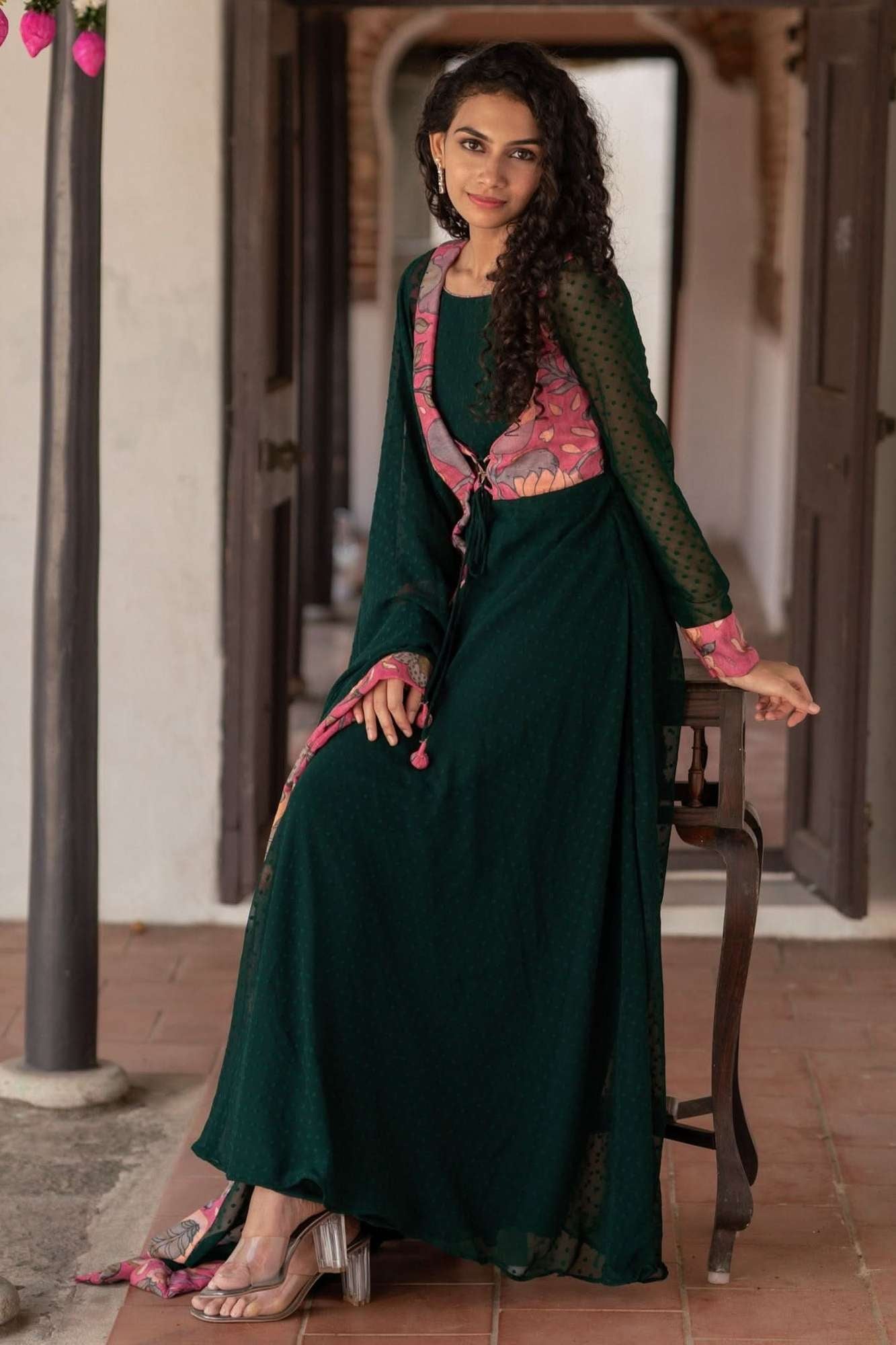 Deep Green and Pink Flared Kurti and Dupatta Set | Made To Order