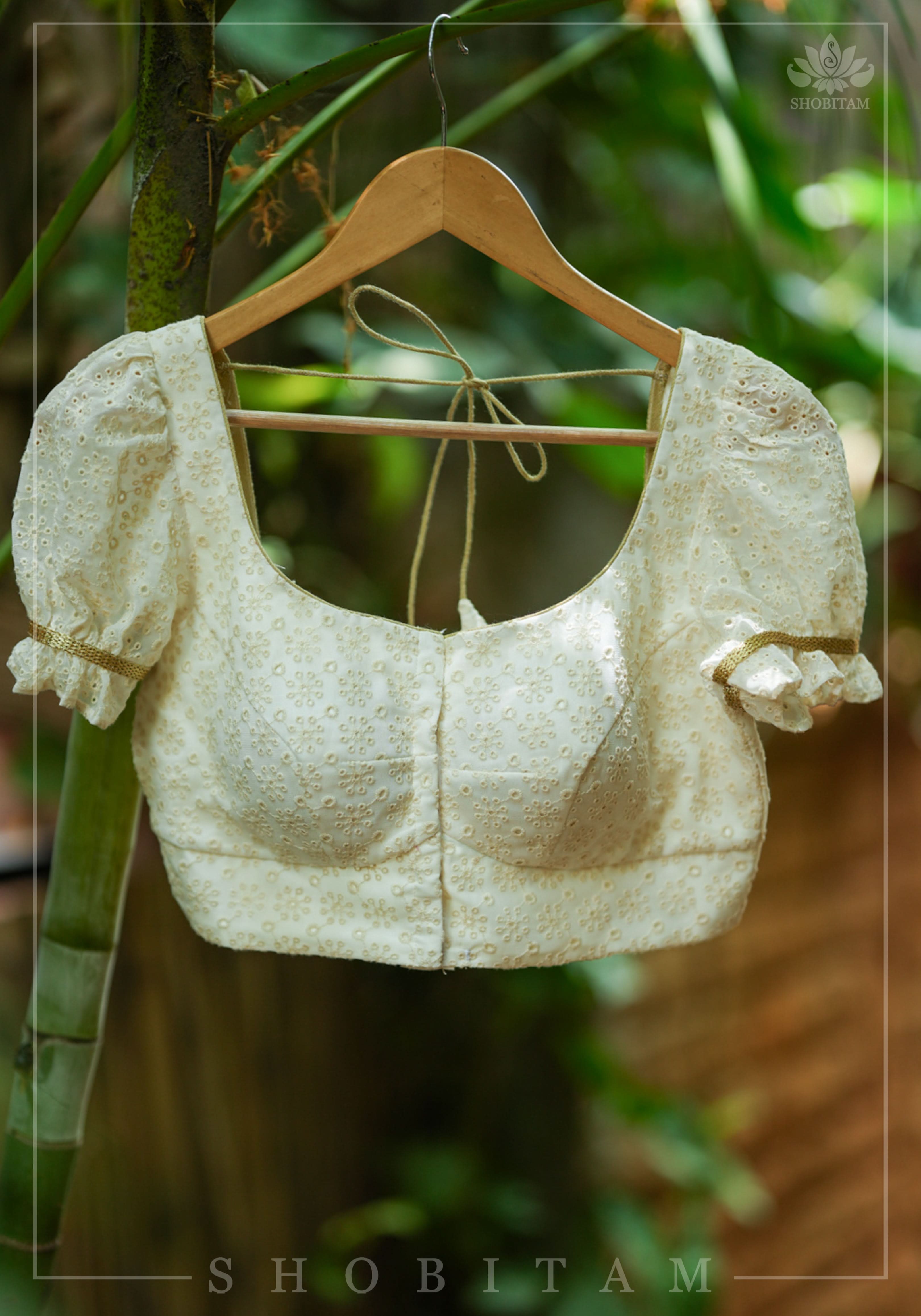 Eyelet Design Georgette Blouse with Puff Sleeves and embroidery detailing back! | Shobitam