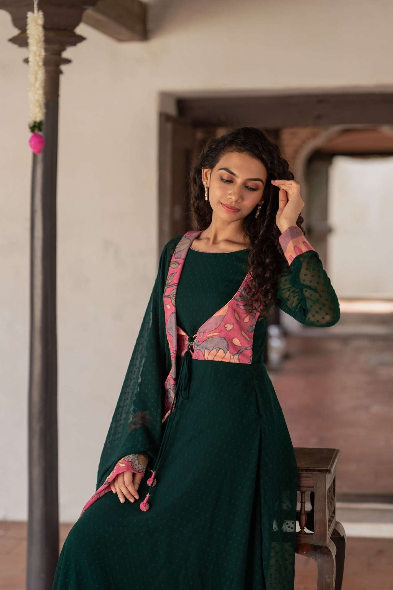 Deep Green and Pink Flared Kurti and Dupatta Set | Made To Order