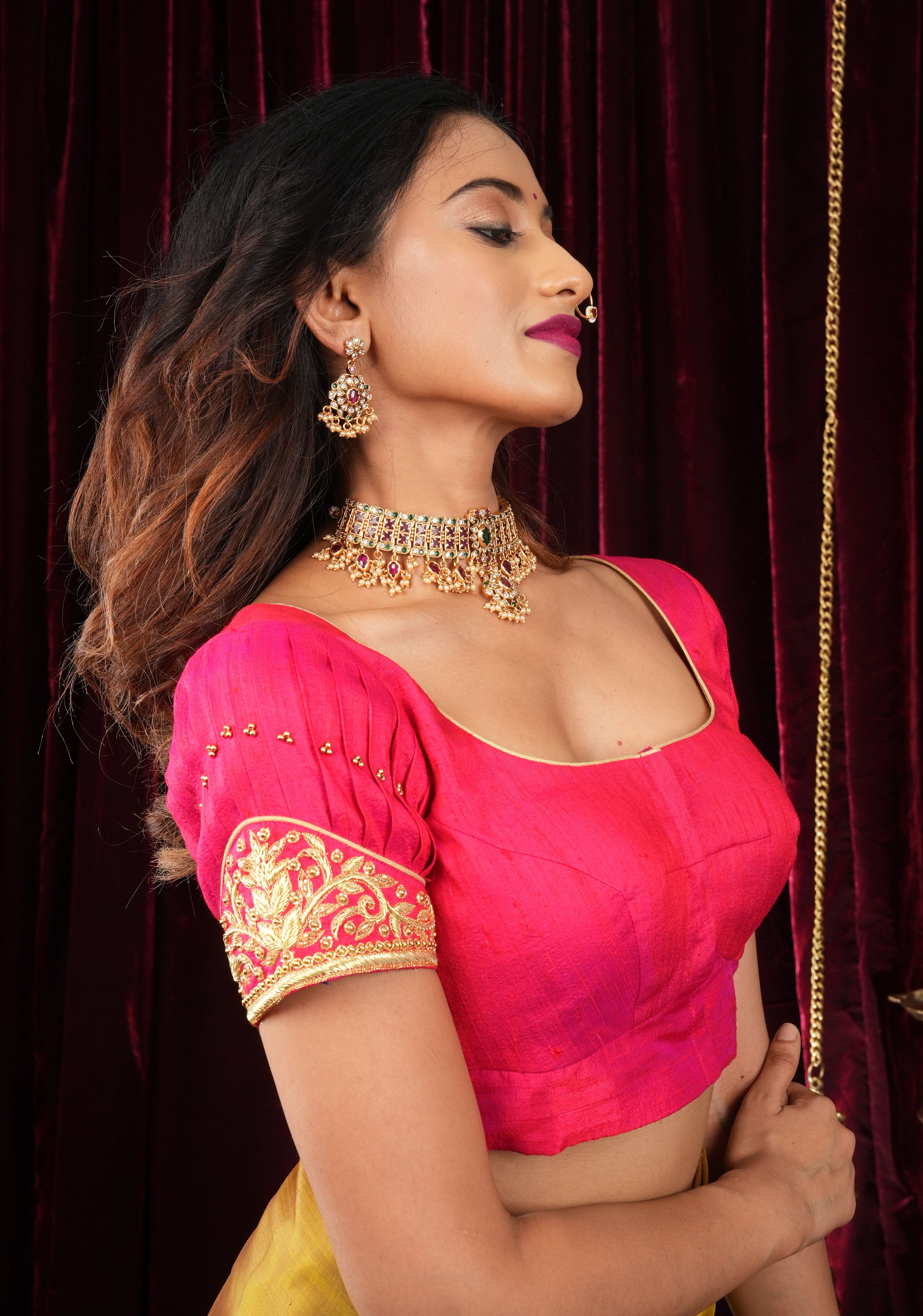 Rani Pink Pure Raw Silk Blouse with Pleated Puff Sleeves and Zardosi Detailing on sleeves and back | Shobitam