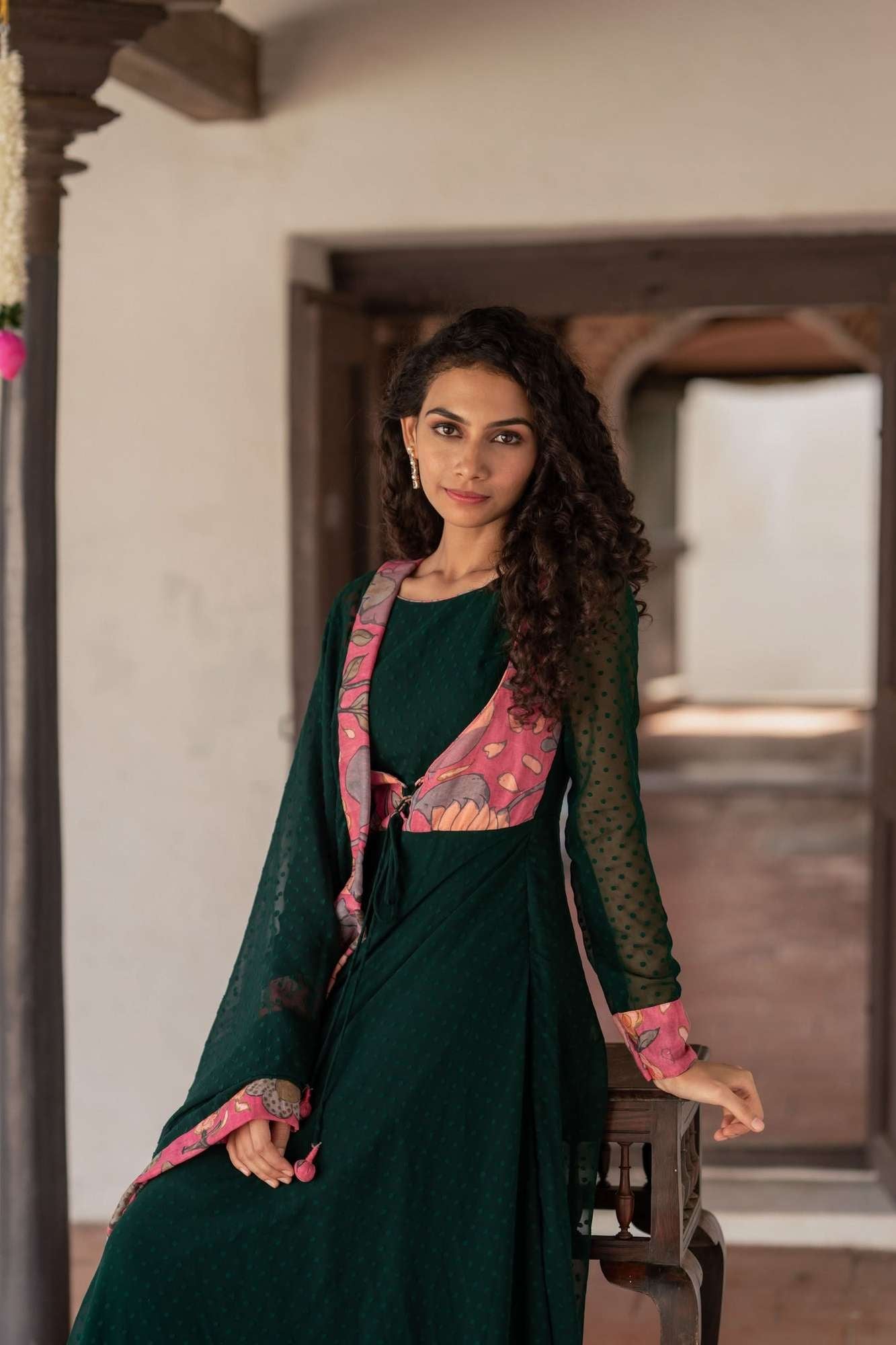 Deep Green and Pink Flared Kurti and Dupatta Set | Made To Order