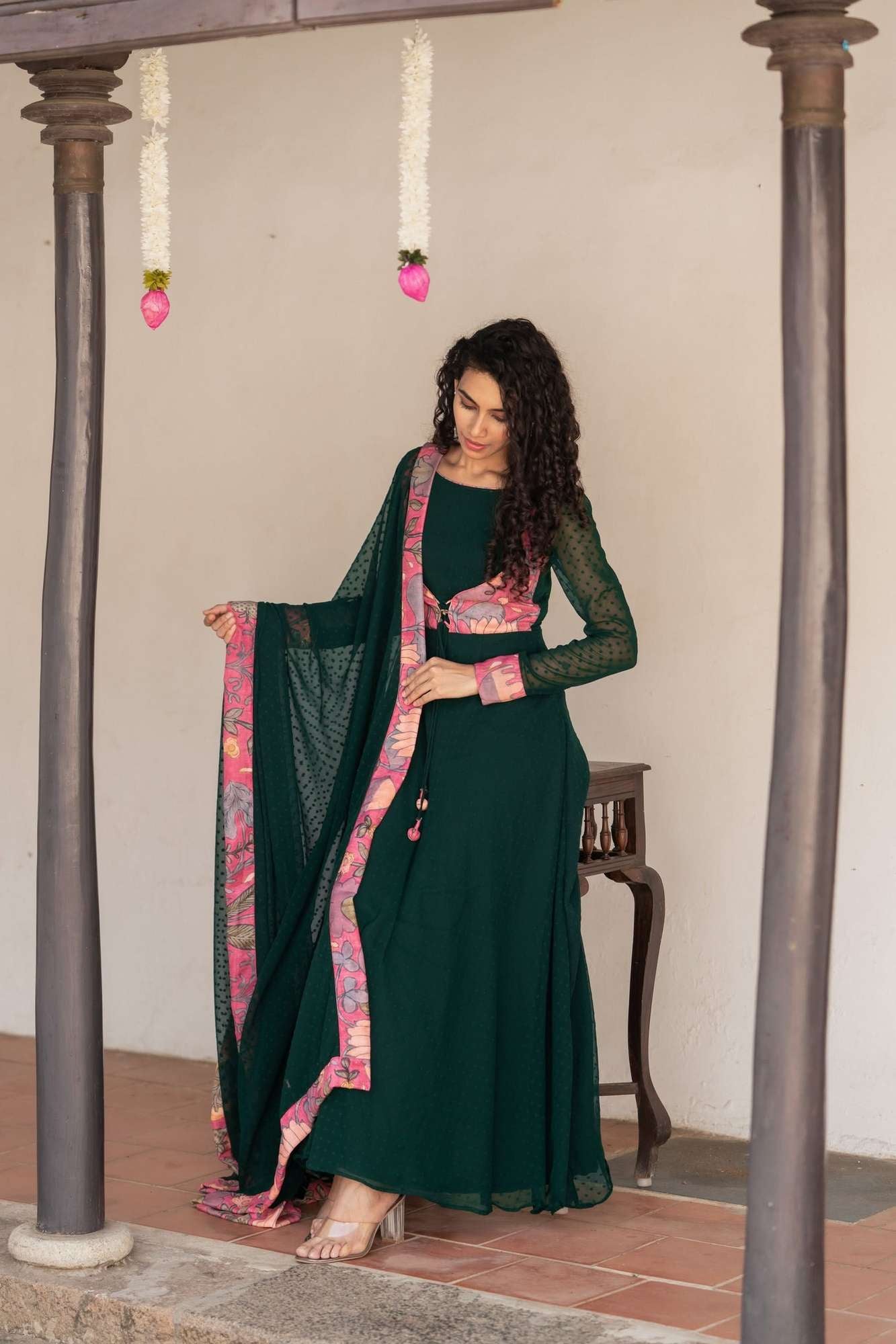 Deep Green and Pink Flared Kurti and Dupatta Set | Made To Order