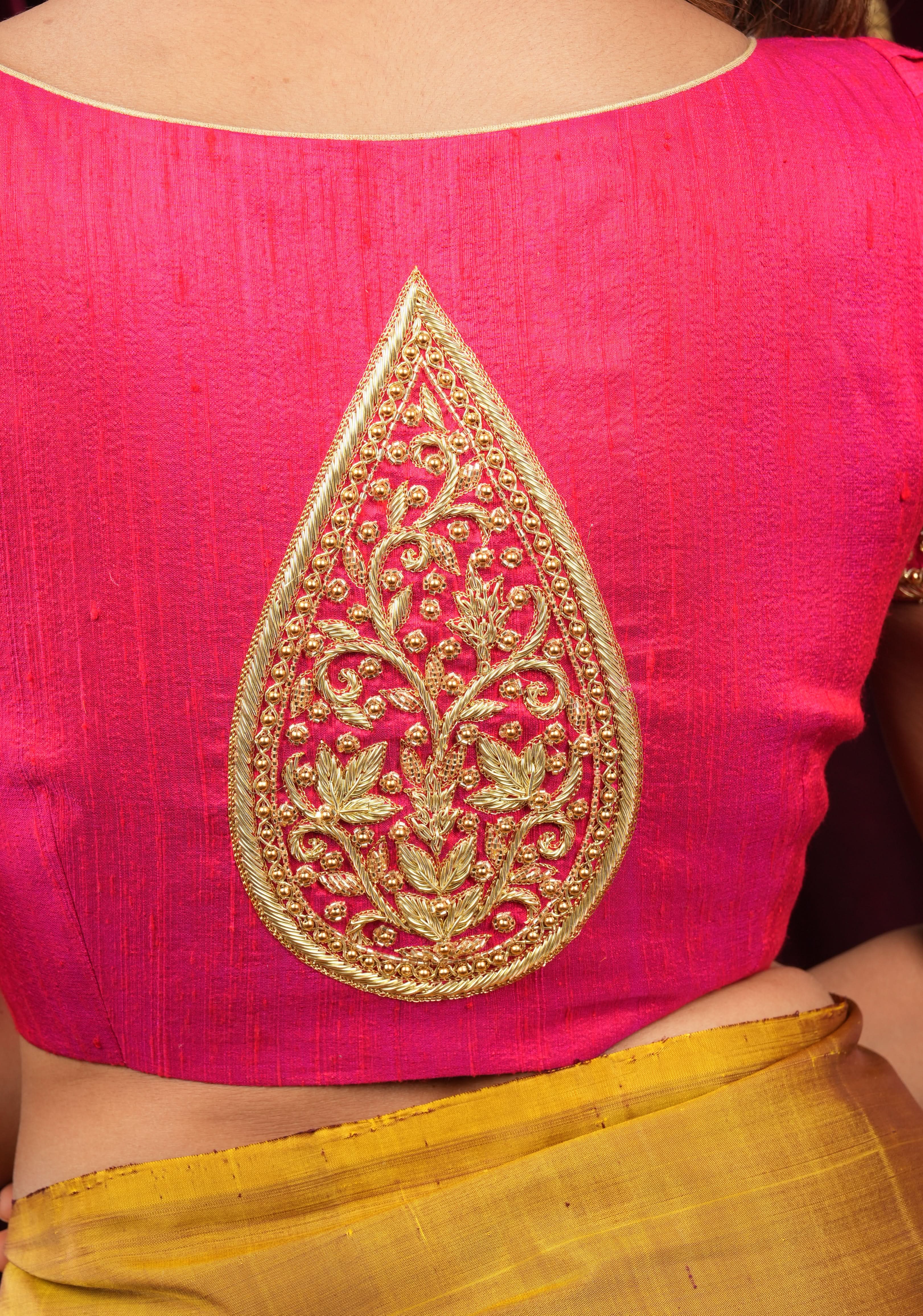 Rani Pink Pure Raw Silk Blouse with Pleated Puff Sleeves and Zardosi Detailing on sleeves and back | Shobitam