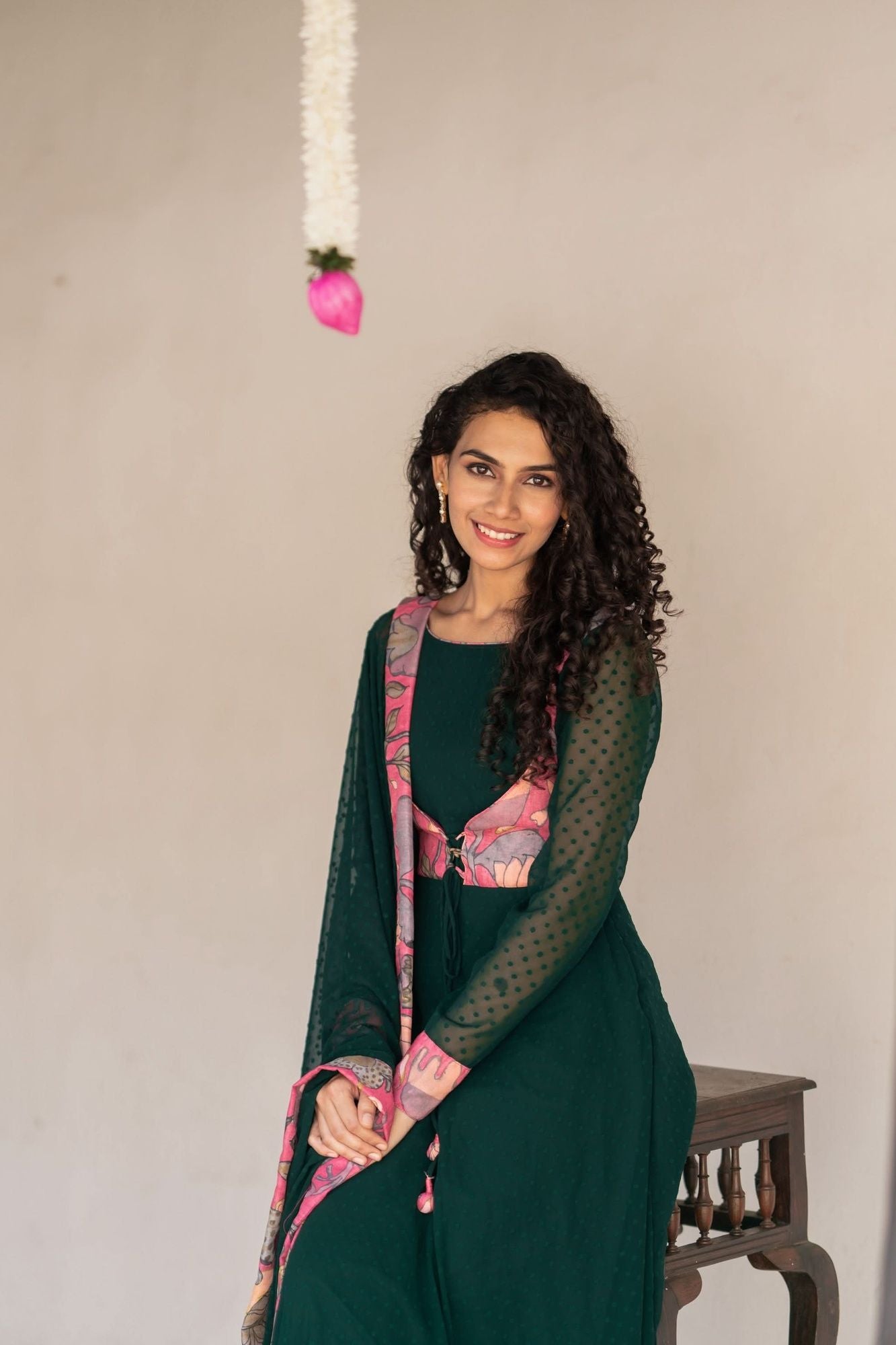 Deep Green and Pink Flared Kurti and Dupatta Set | Made To Order