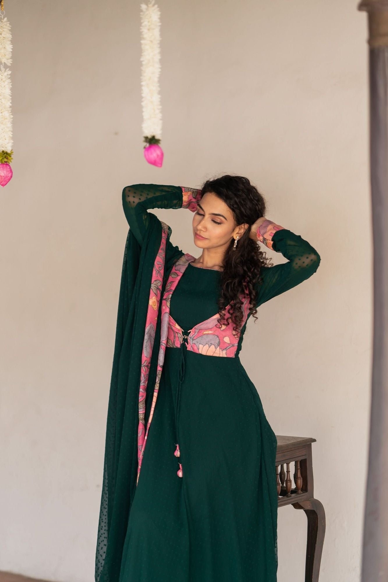 Deep Green and Pink Flared Kurti and Dupatta Set | Made To Order