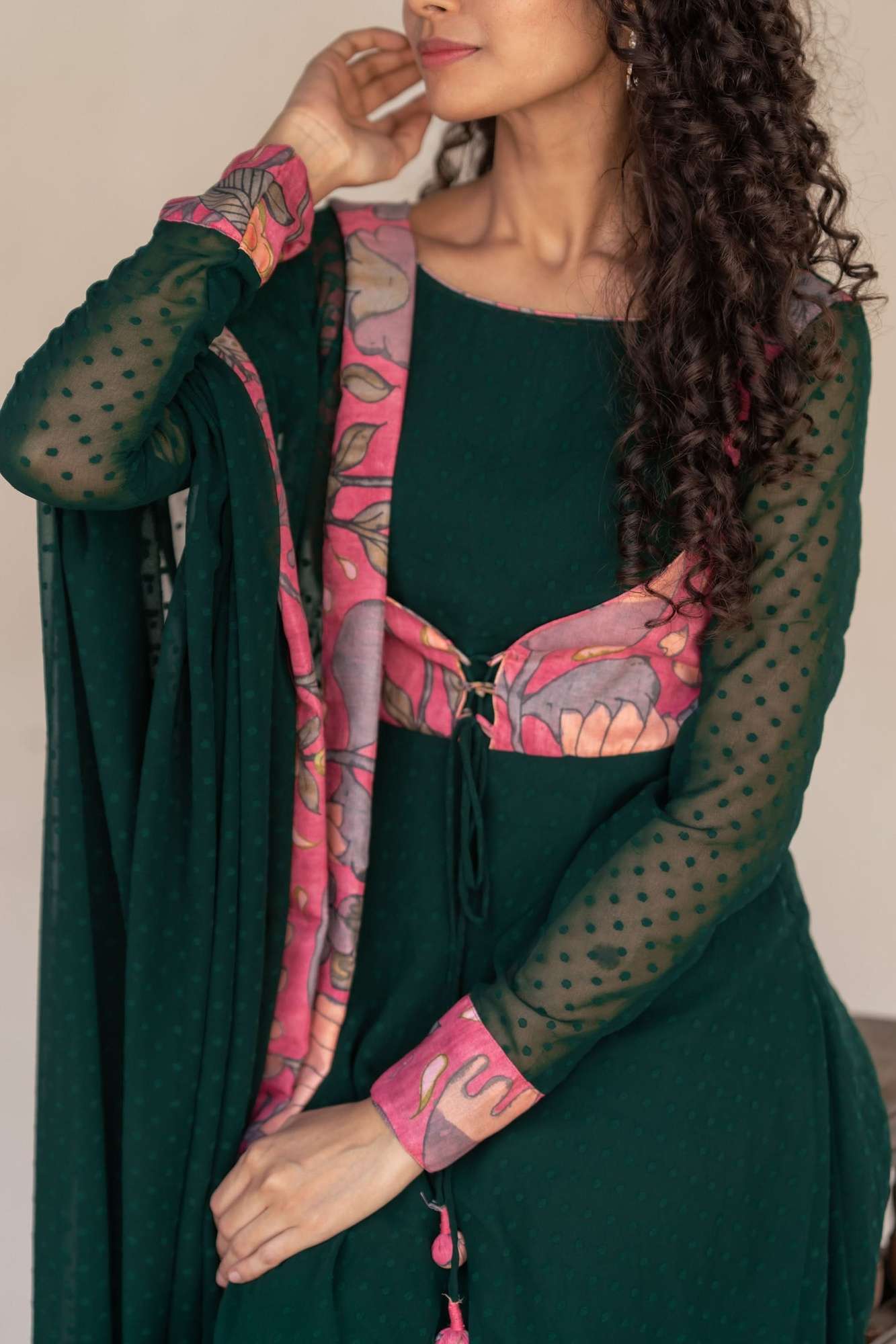Deep Green and Pink Flared Kurti and Dupatta Set | Made To Order
