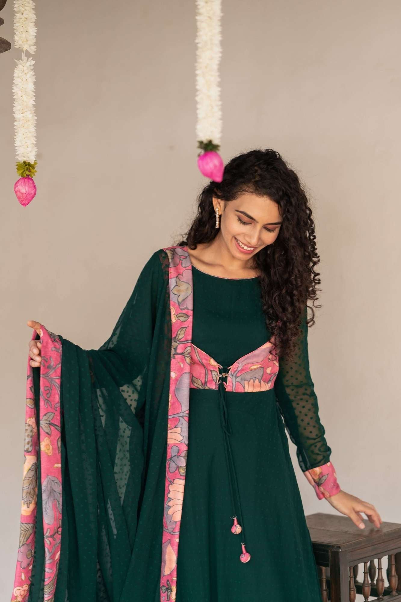 Deep Green and Pink Flared Kurti and Dupatta Set | Made To Order