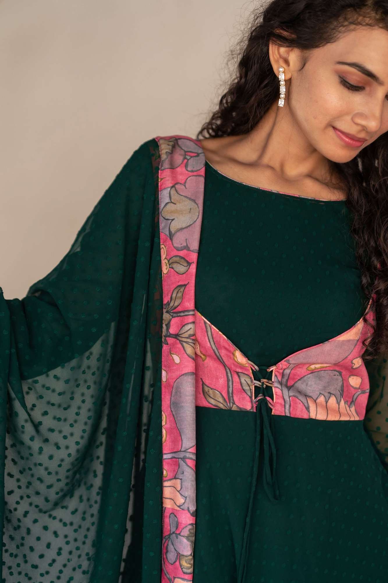 Deep Green and Pink Flared Kurti and Dupatta Set | Made To Order