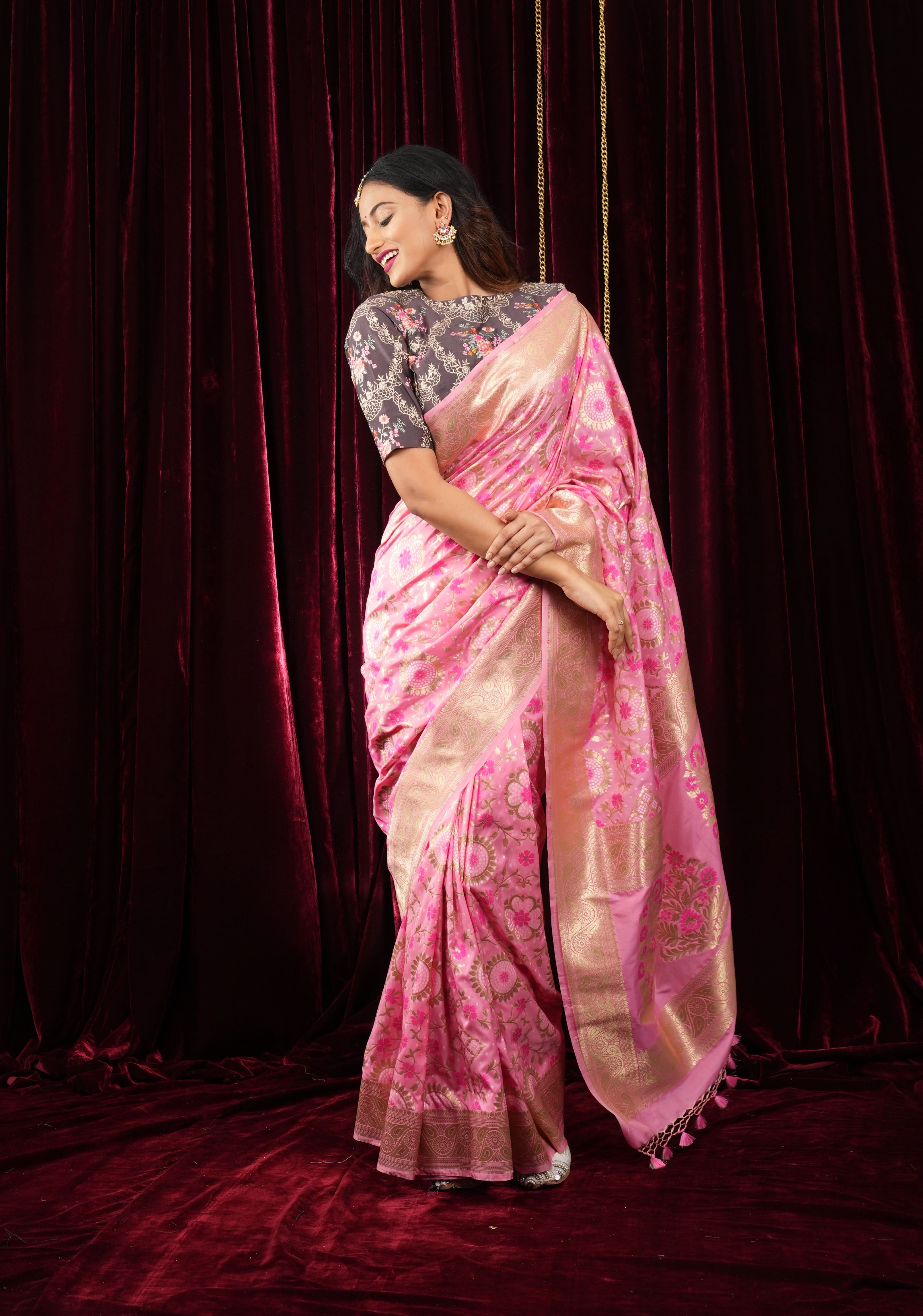 Exquisite Pink Semi Silk Saree with Floral jaal Meenakari Body Zari Border and Pallu | Shobitam
