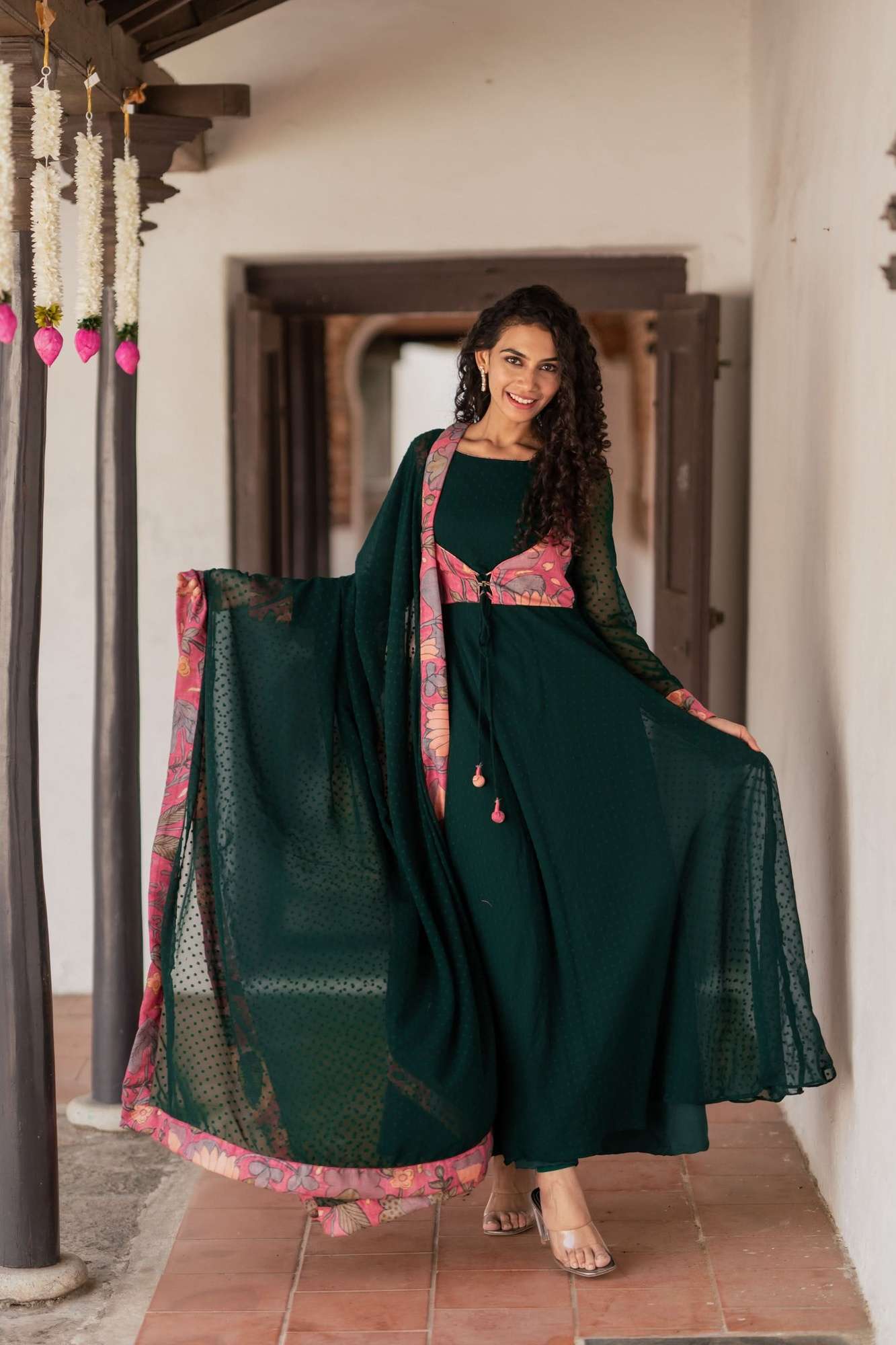 Deep Green and Pink Flared Kurti and Dupatta Set | Made To Order