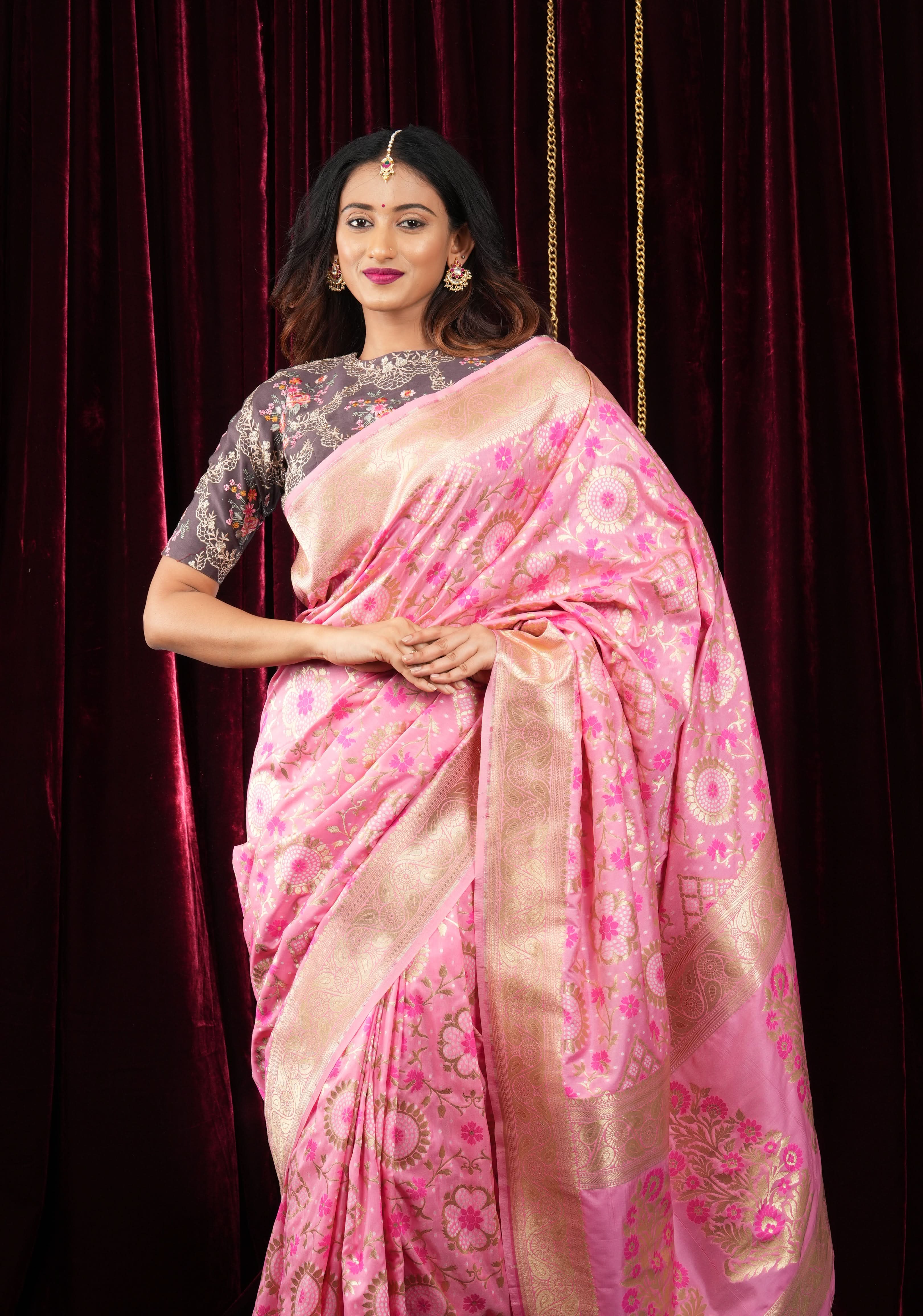 Exquisite Pink Semi Silk Saree with Floral jaal Meenakari Body Zari Border and Pallu | Shobitam