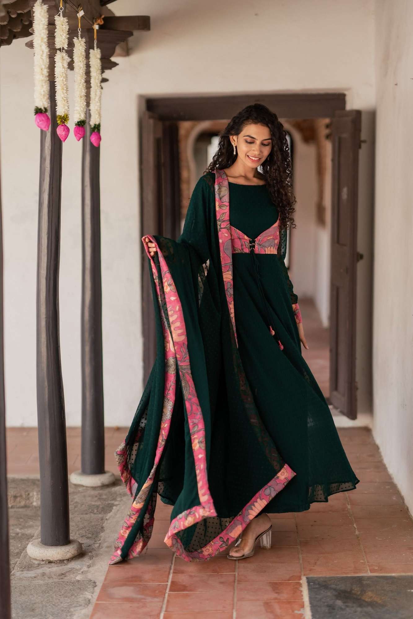 Deep Green and Pink Flared Kurti and Dupatta Set | Made To Order
