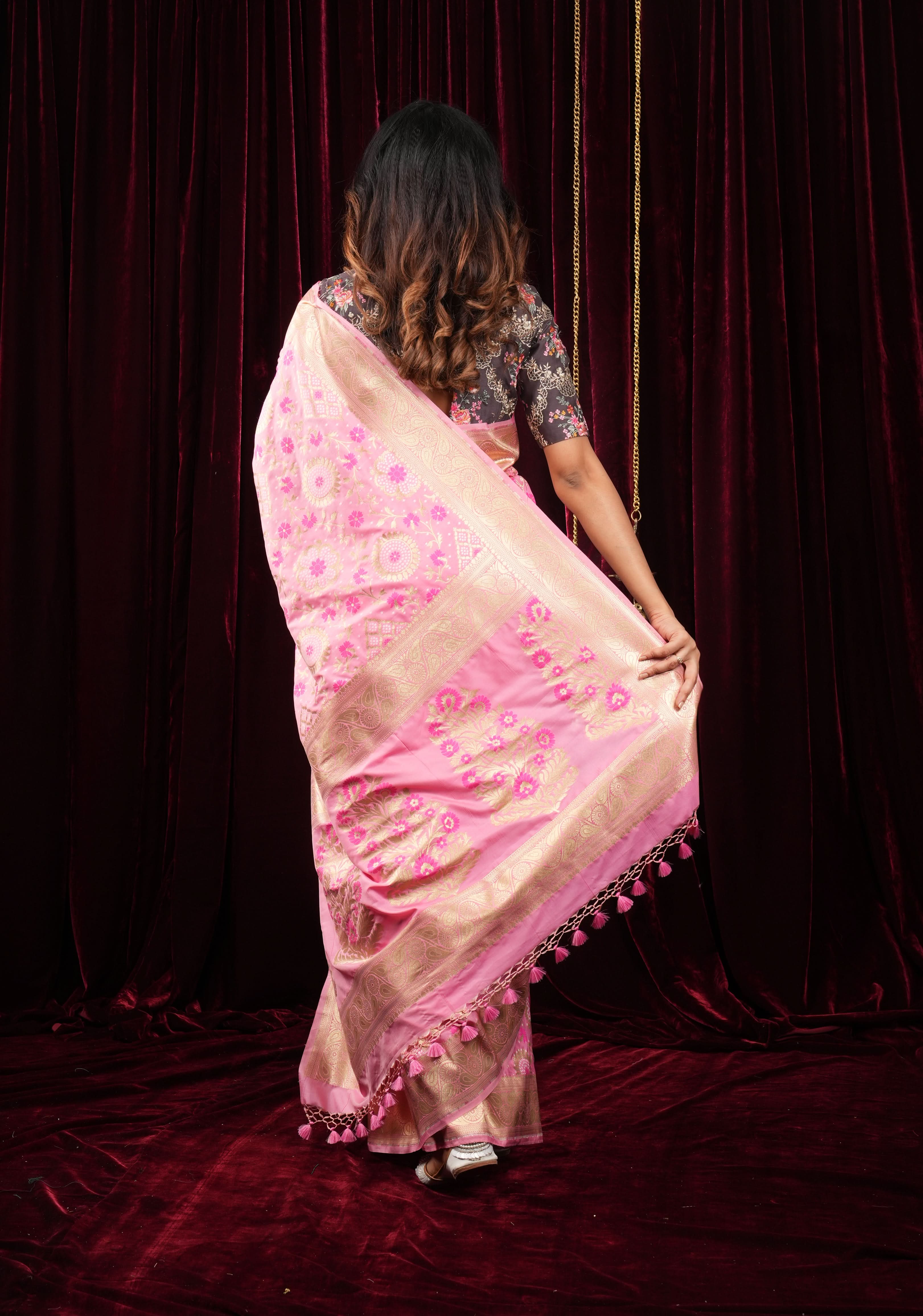 Exquisite Pink Semi Silk Saree with Floral jaal Meenakari Body Zari Border and Pallu | Shobitam