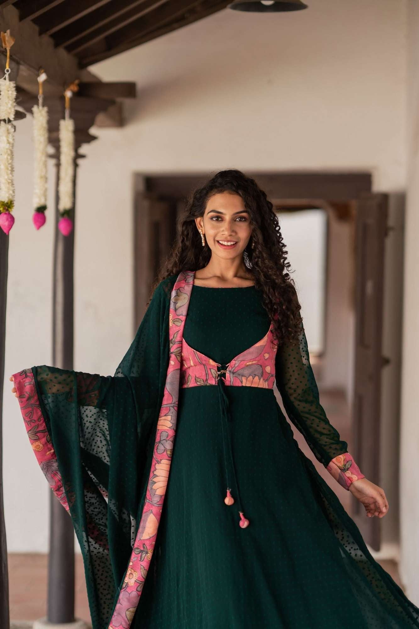 Deep Green and Pink Flared Kurti and Dupatta Set | Made To Order