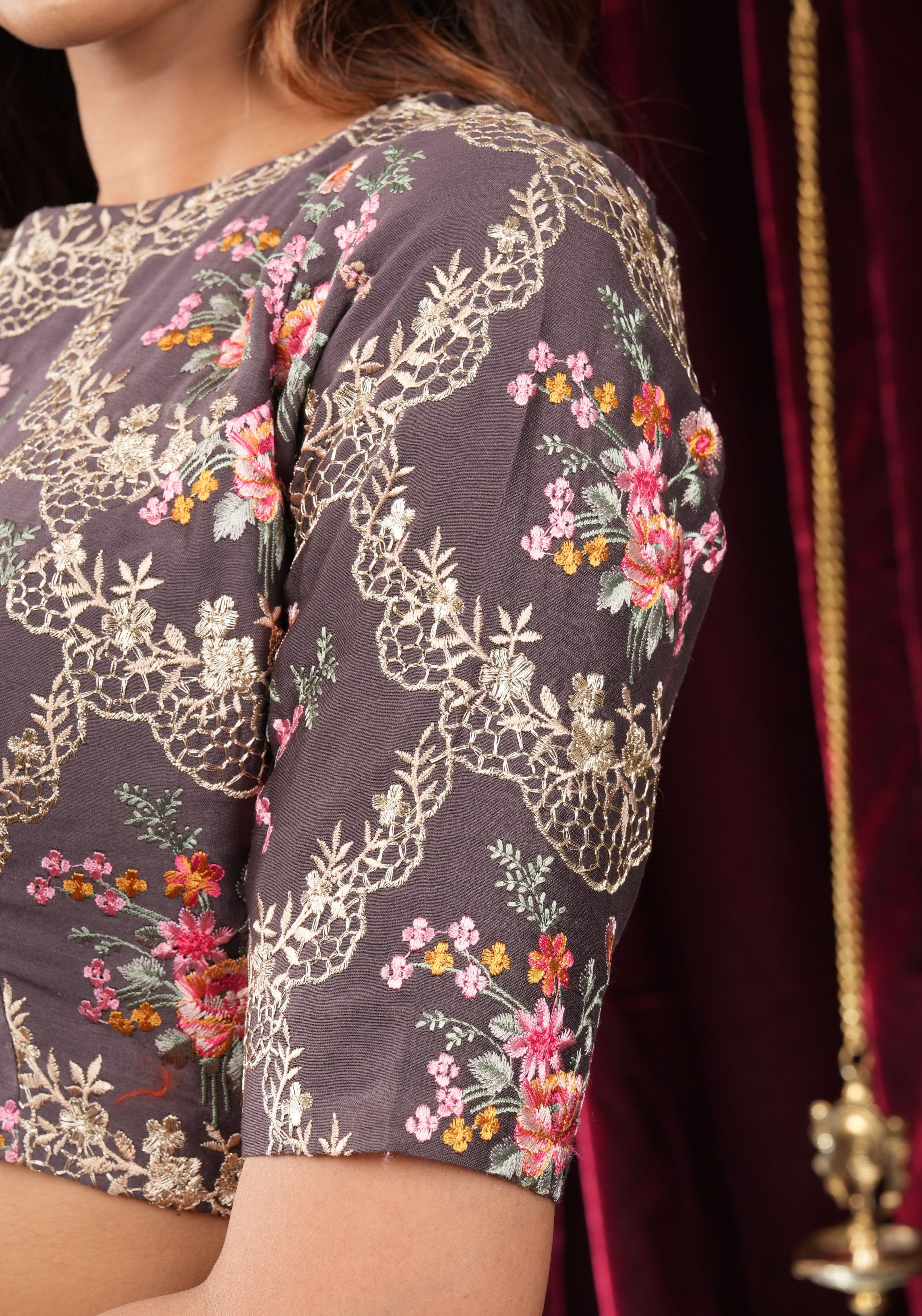 Gray Geecha Raw Silk blouse with floral embroidery and Bandgala pattern | Shobitam