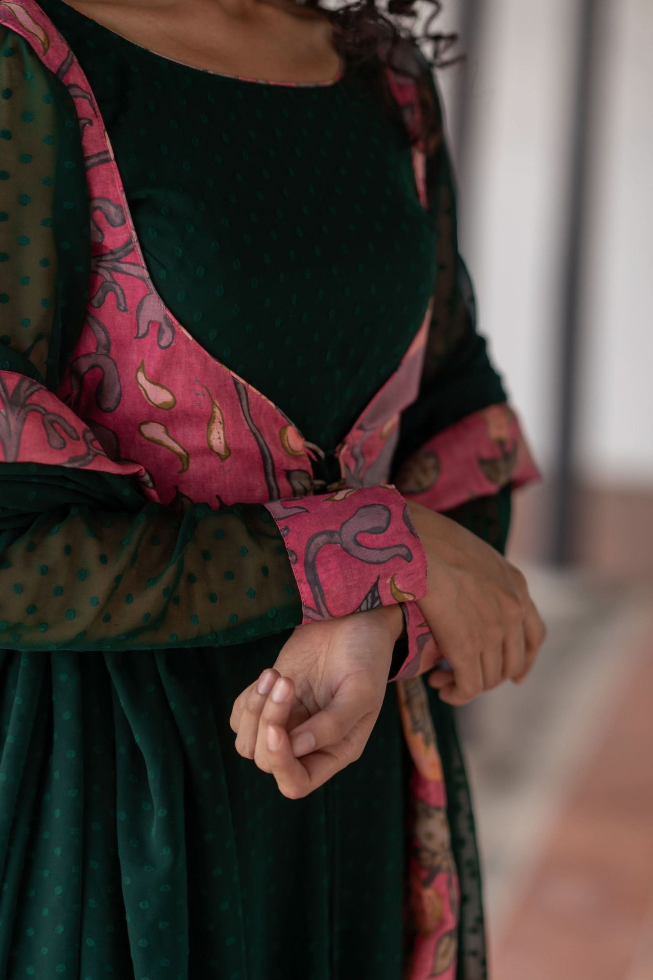 Deep Green and Pink Flared Kurti and Dupatta Set | Made To Order