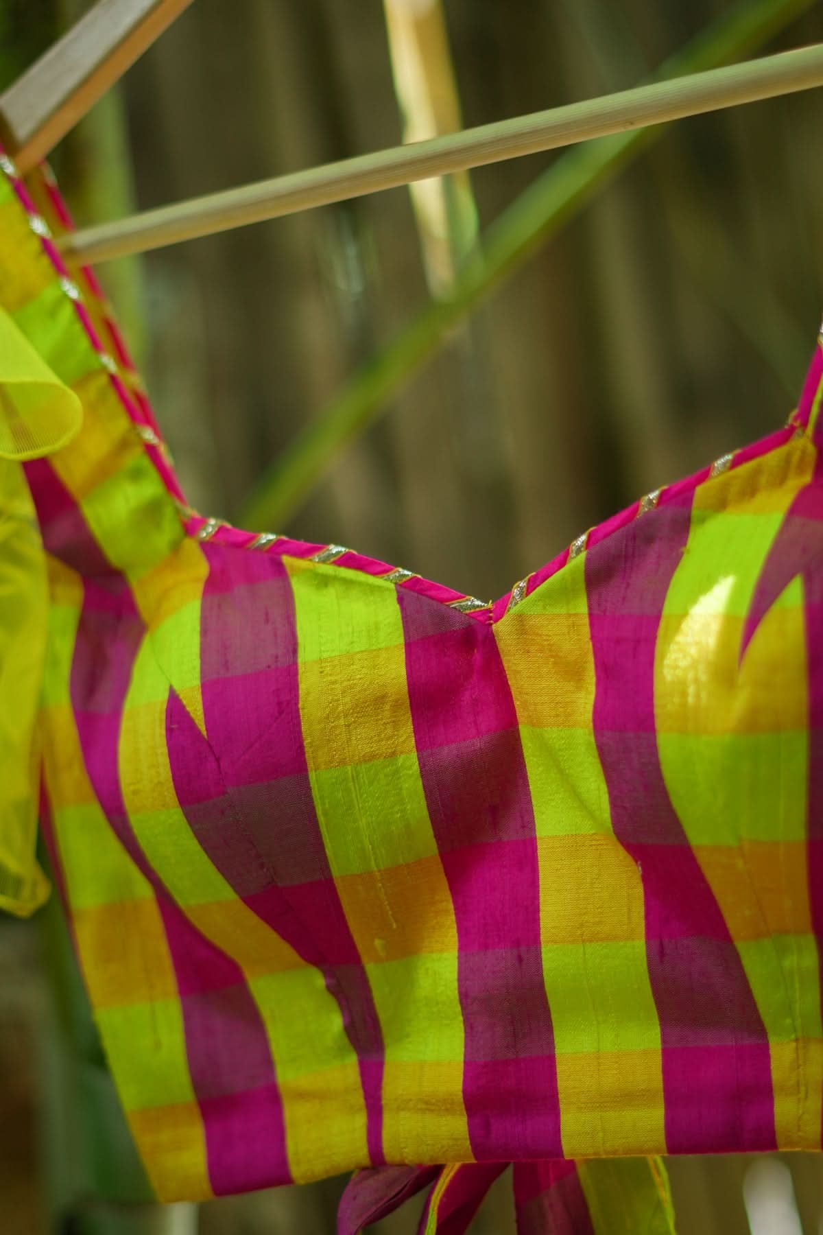 Sunshine Yellow Pink Checked Pure Raw Silk Sweetheart neck blouse | Shobitam