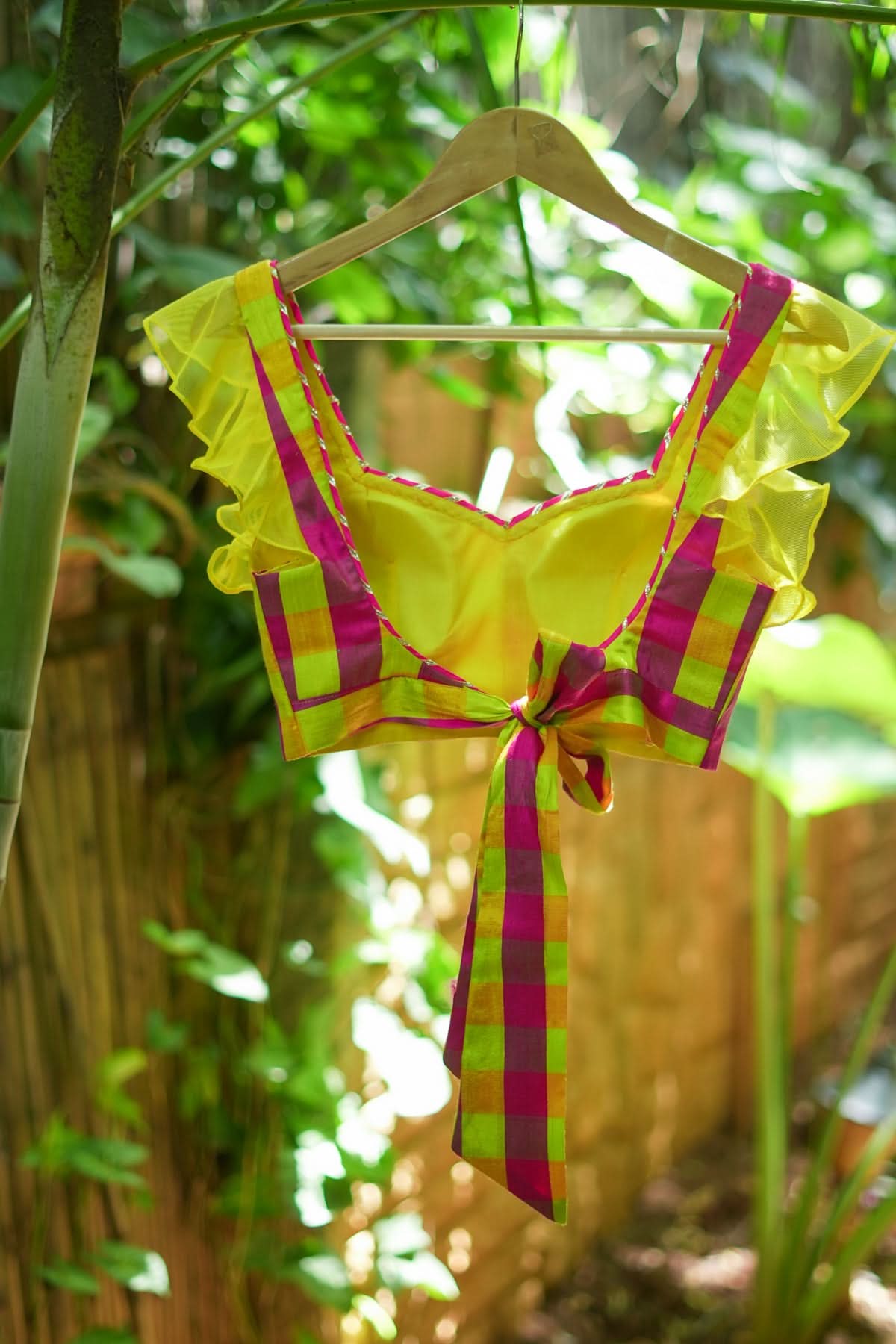Sunshine Yellow Pink Checked Pure Raw Silk Sweetheart neck blouse | Shobitam
