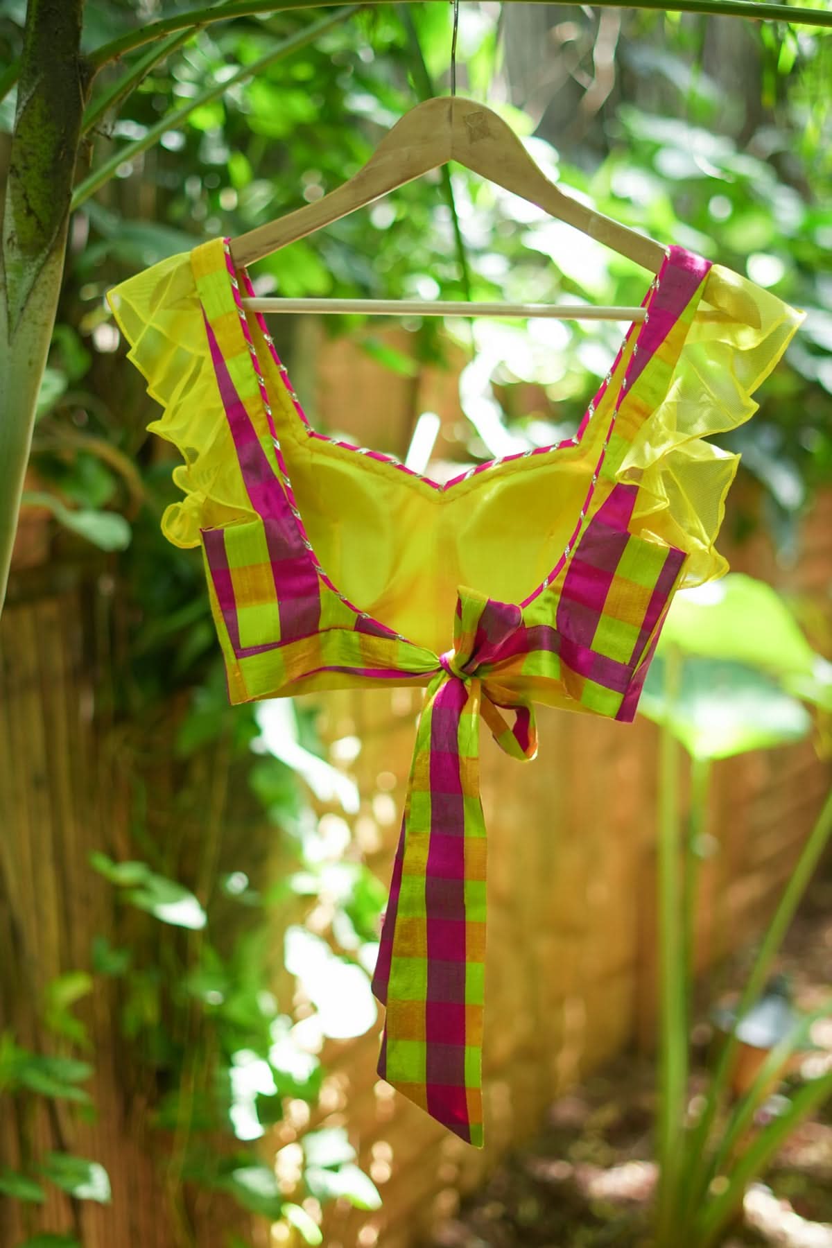 Sunshine Yellow Pink Checked Pure Raw Silk Sweetheart neck blouse | Shobitam